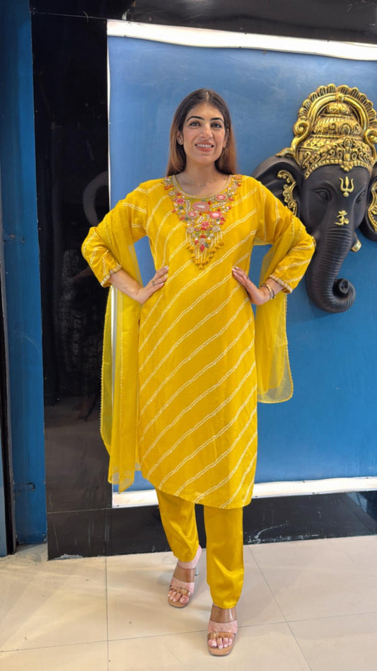 Digital silk suit with embroidered neck line