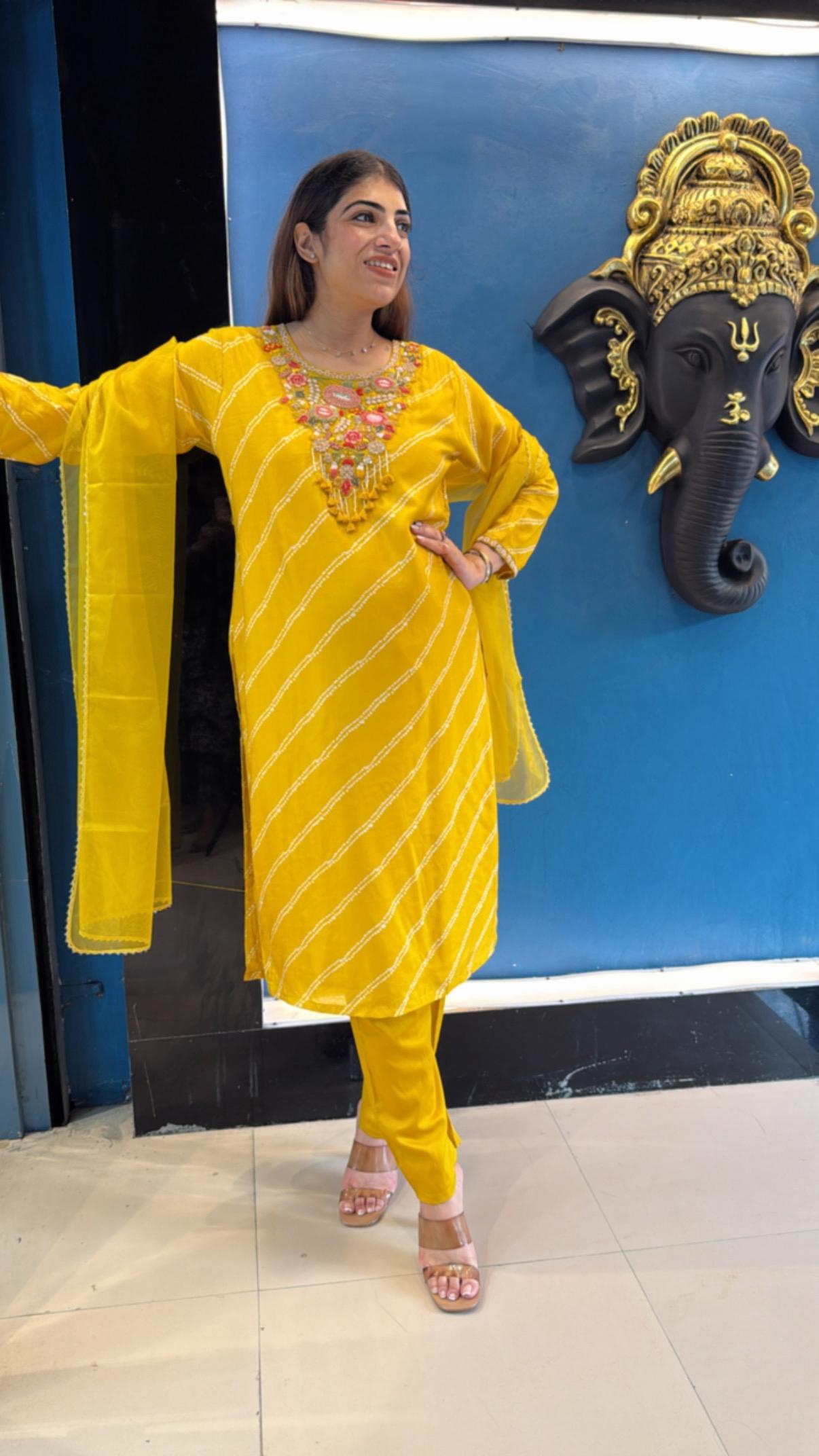 Digital silk suit with embroidered neck line