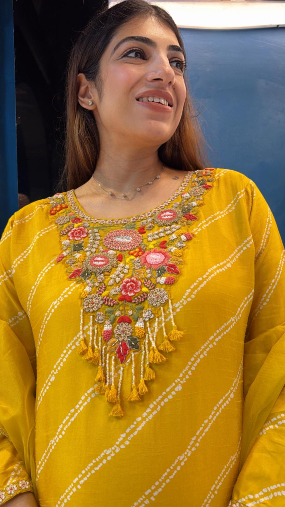 Digital silk suit with embroidered neck line