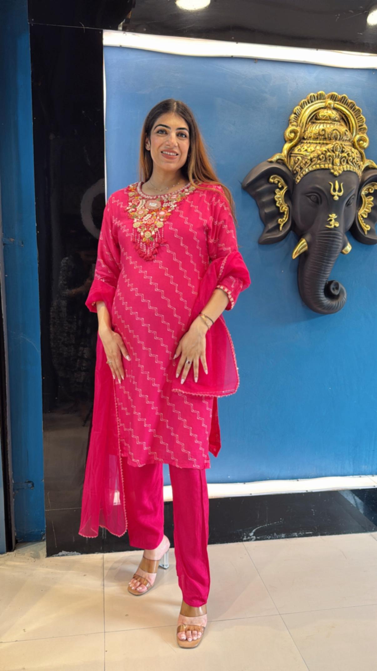 Digital silk suit with embroidered neck line