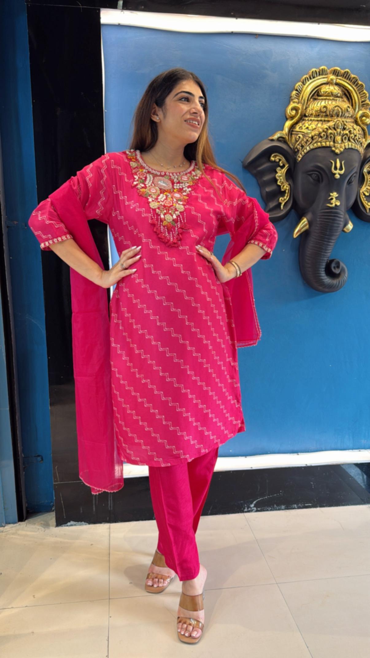 Digital silk suit with embroidered neck line