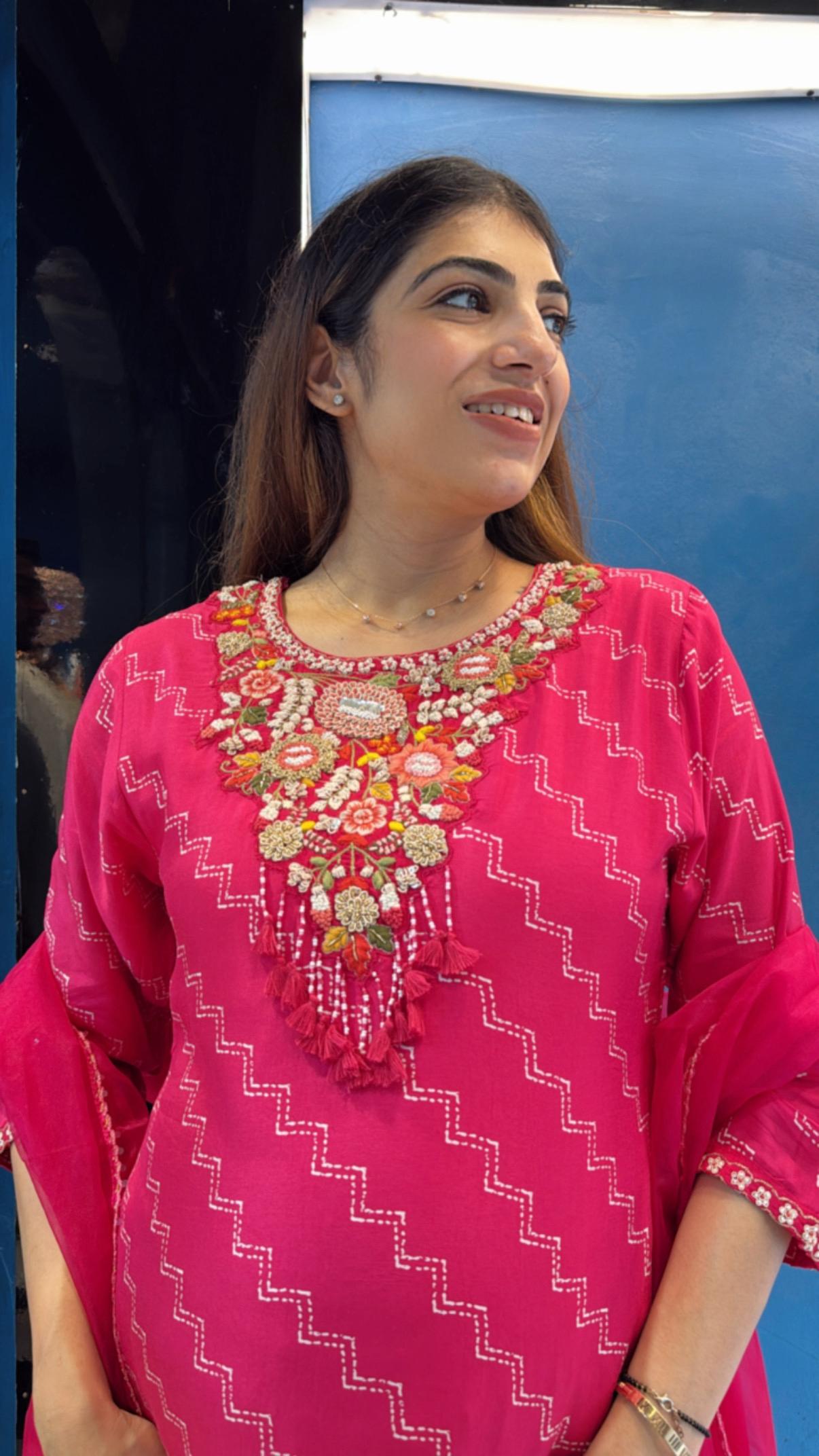 Digital silk suit with embroidered neck line