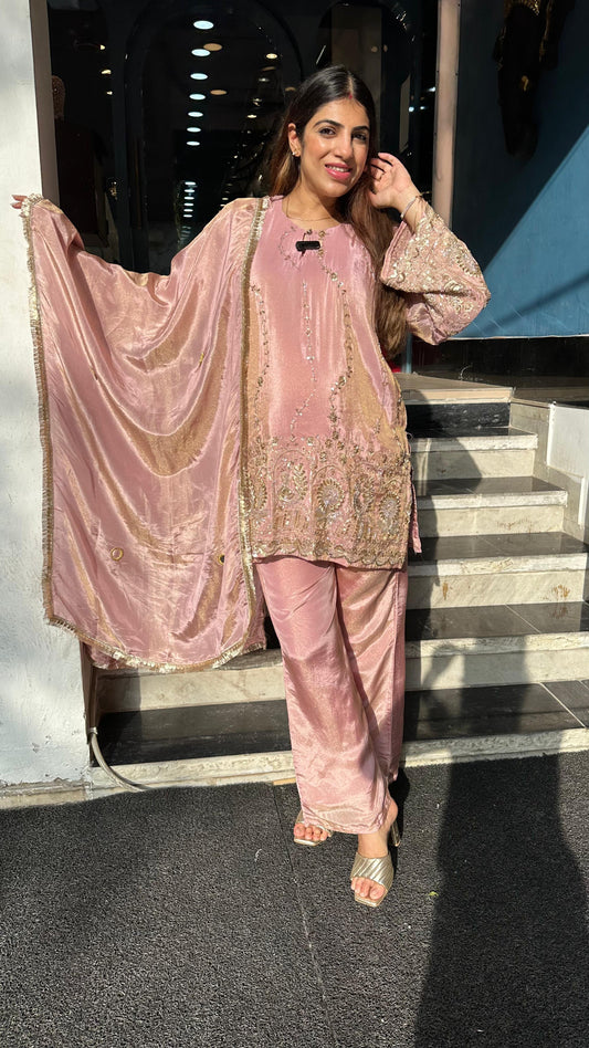 Shimmer tissue 3 pc suit with complete handwork with dupatta
