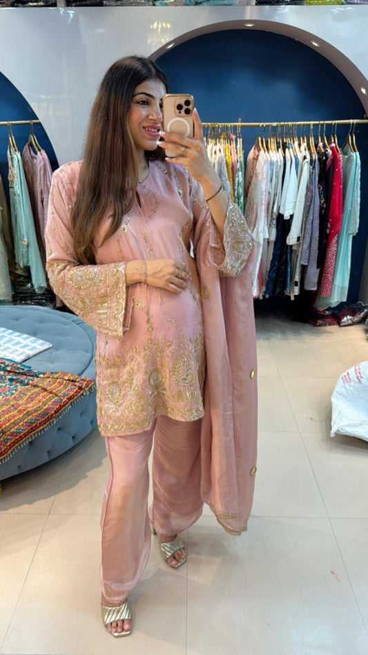 Shimmer tissue 3 pc suit with complete handwork with dupatta