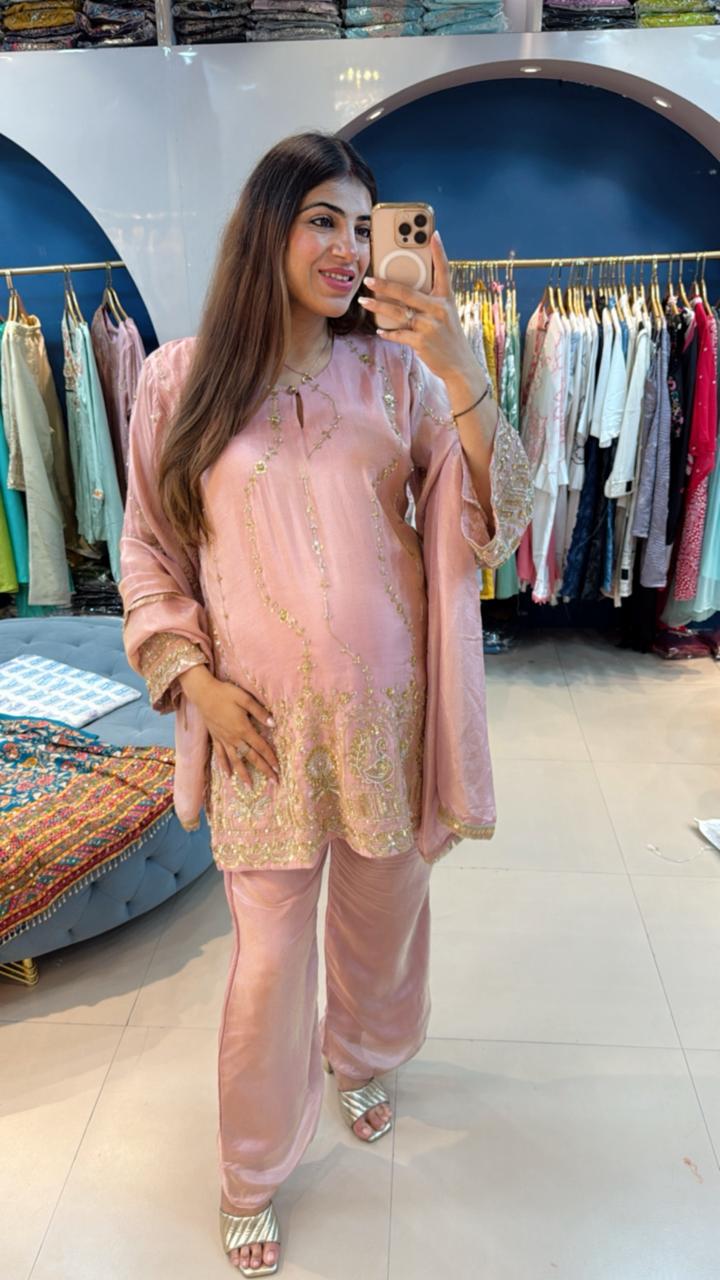 Shimmer tissue 3 pc suit with complete handwork with dupatta