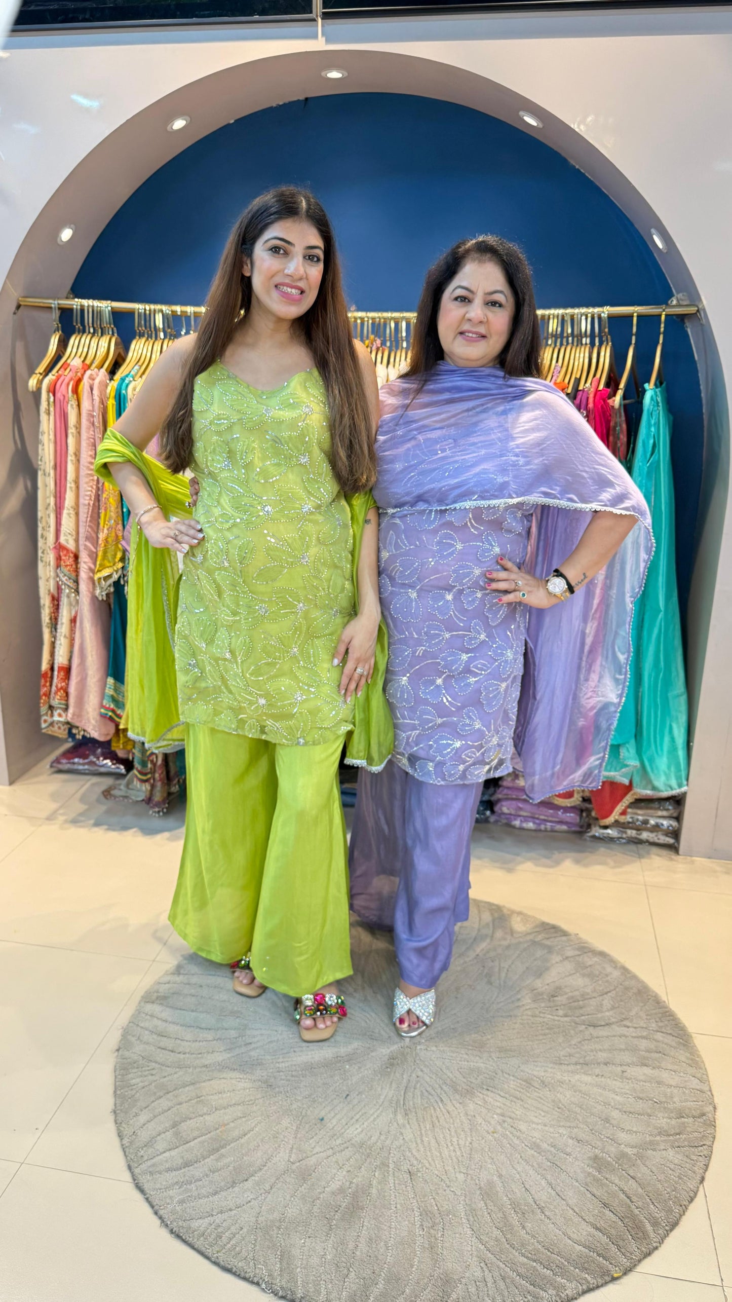 Dori strap handwork net 3 pc suit with bell bottom pants with organza dupatta