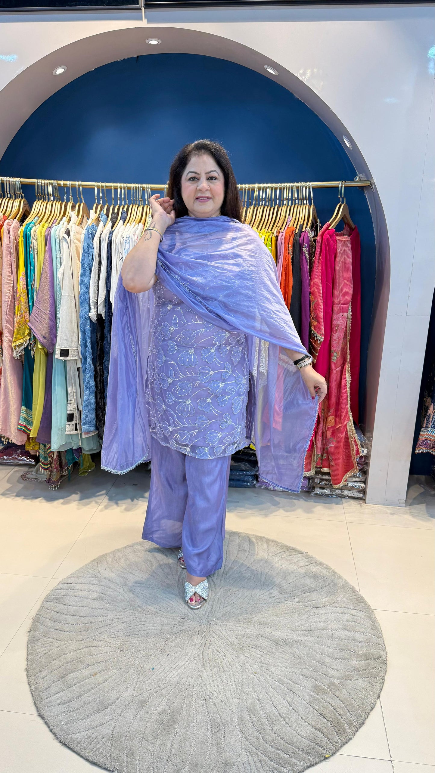 Dori strap handwork net 3 pc suit with bell bottom pants with organza dupatta