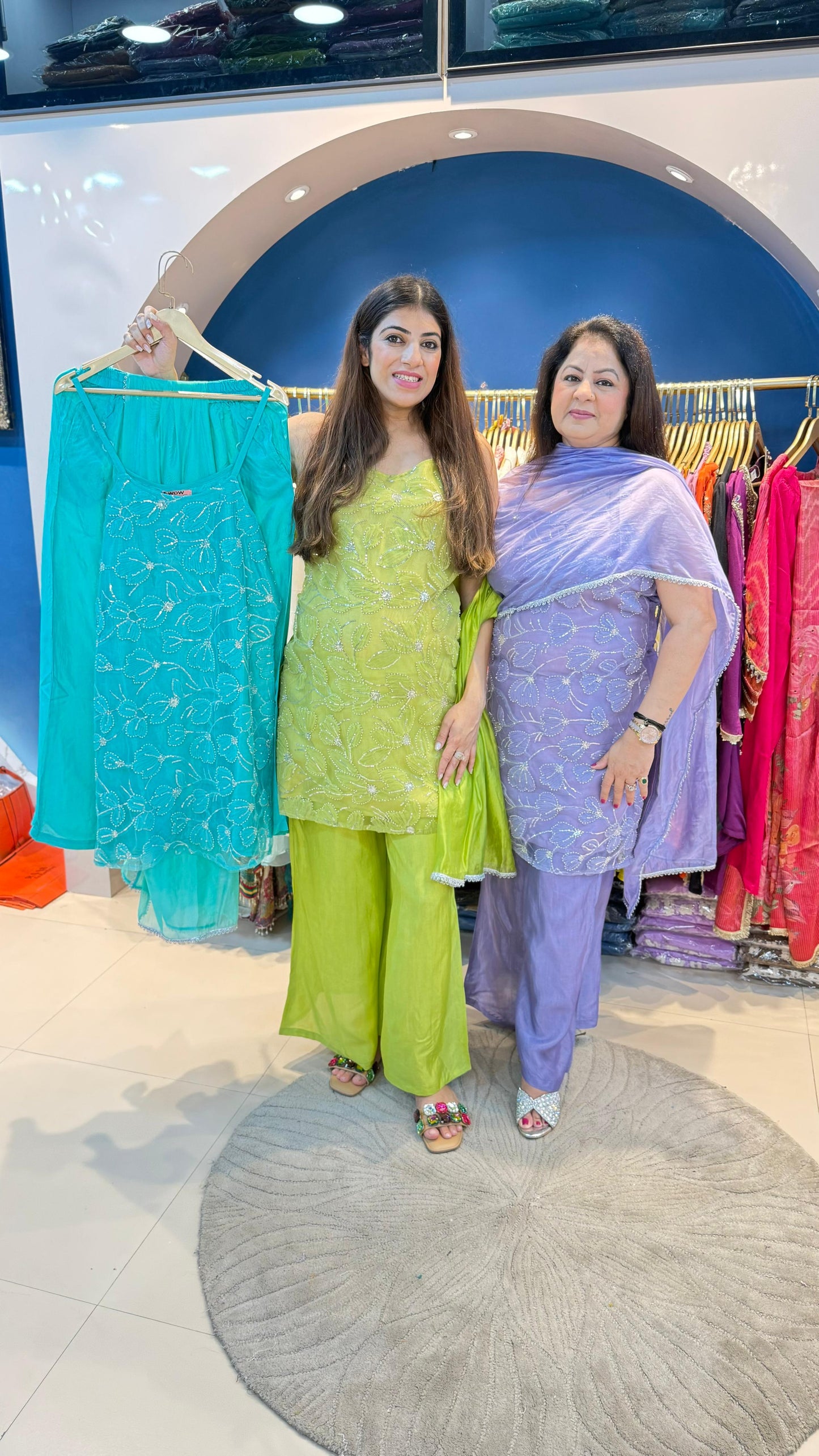 Dori strap handwork net 3 pc suit with bell bottom pants with organza dupatta