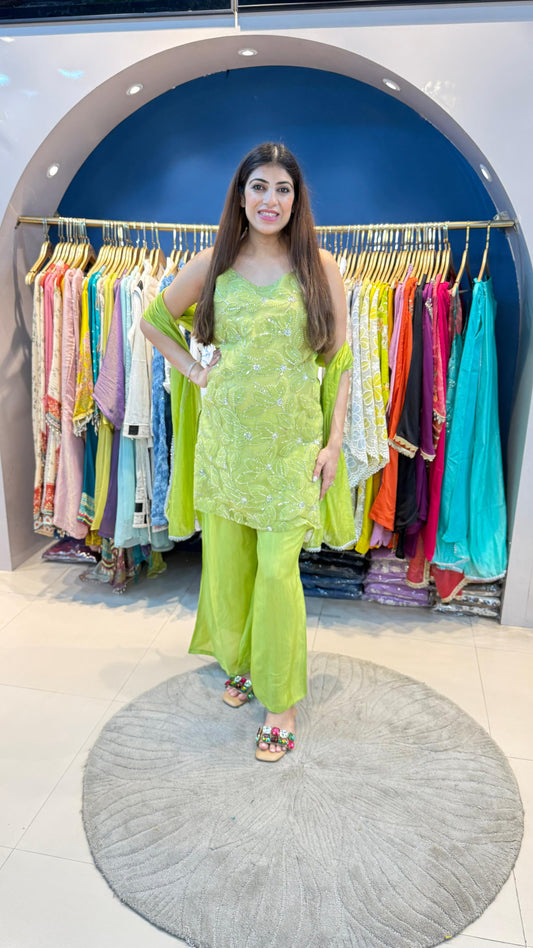 Dori strap handwork net 3 pc suit with bell bottom pants with organza dupatta
