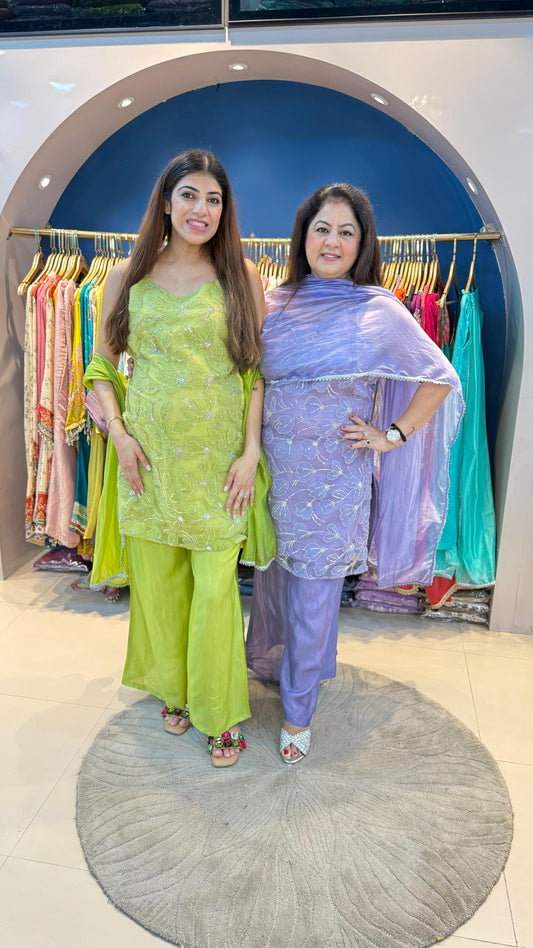 Dori strap handwork net 3 pc suit with bell bottom pants with organza dupatta