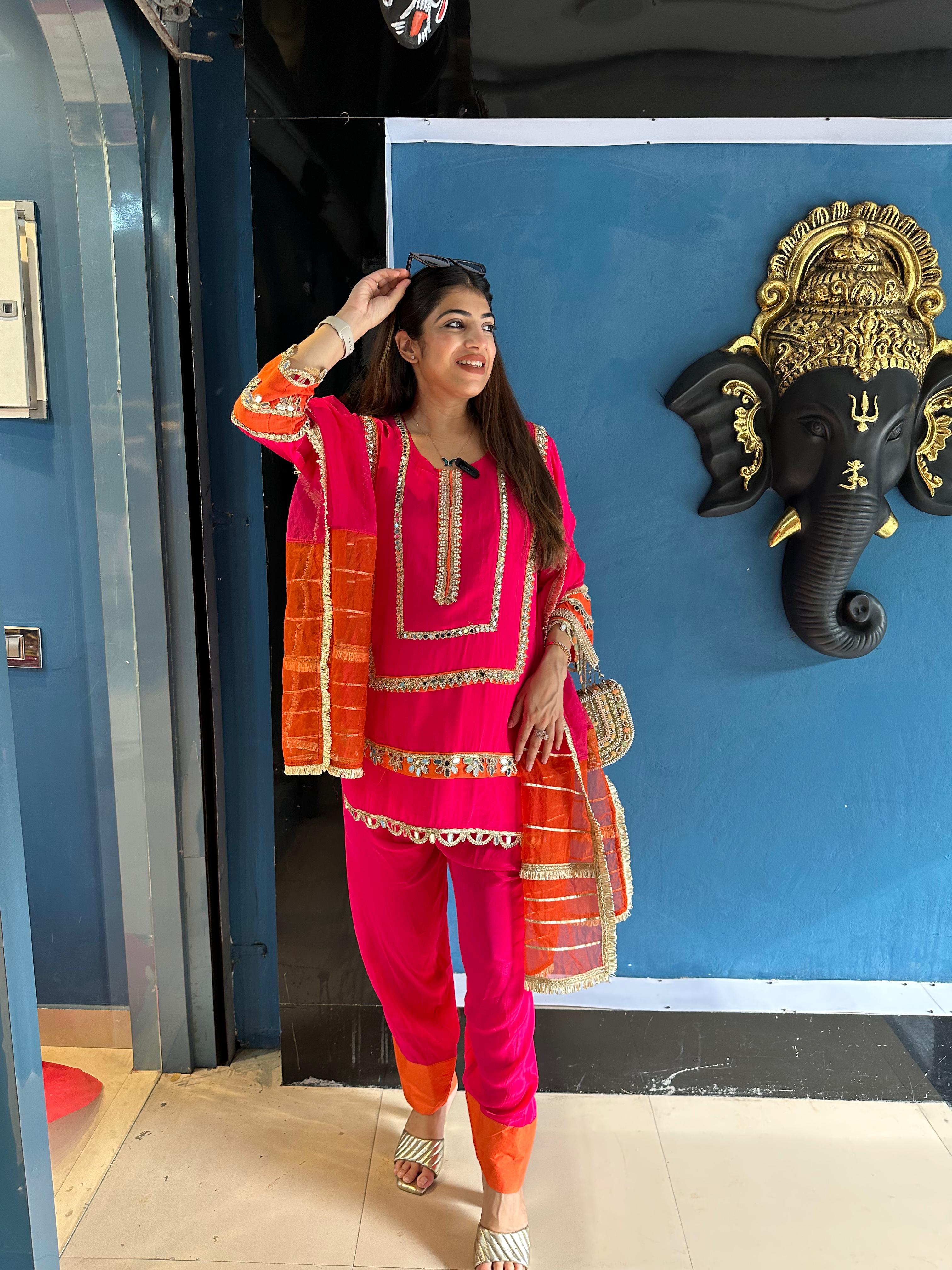 Crepe farshi salwar suit with double shade dupatta with mirror lace