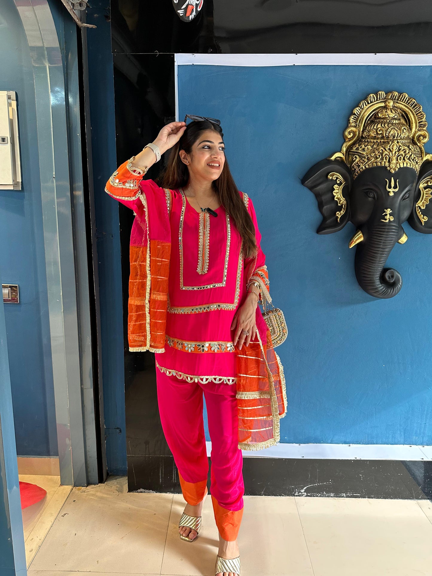 Crepe farshi salwar suit with double shade dupatta with mirror lace