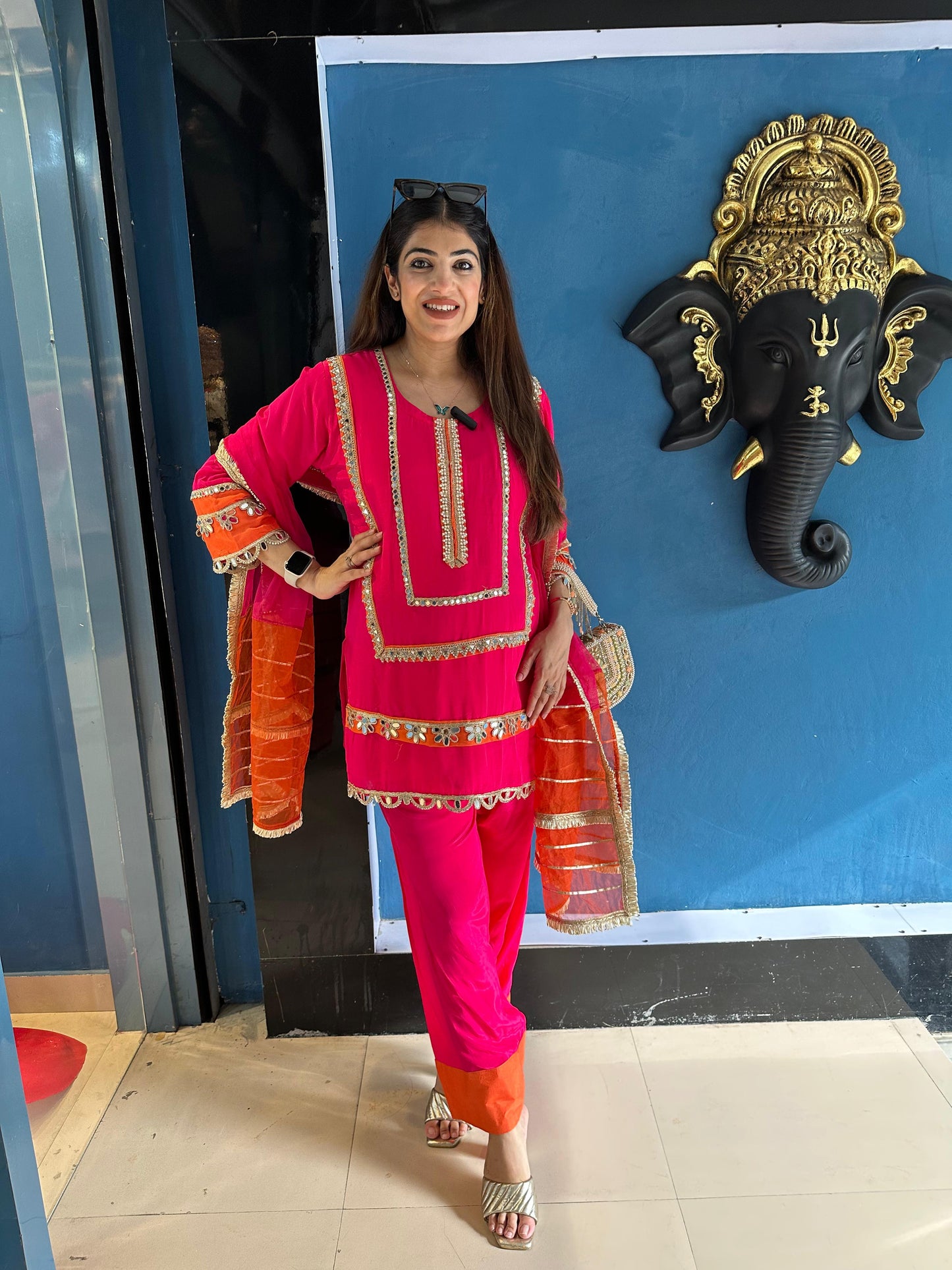 Crepe farshi salwar suit with double shade dupatta with mirror lace