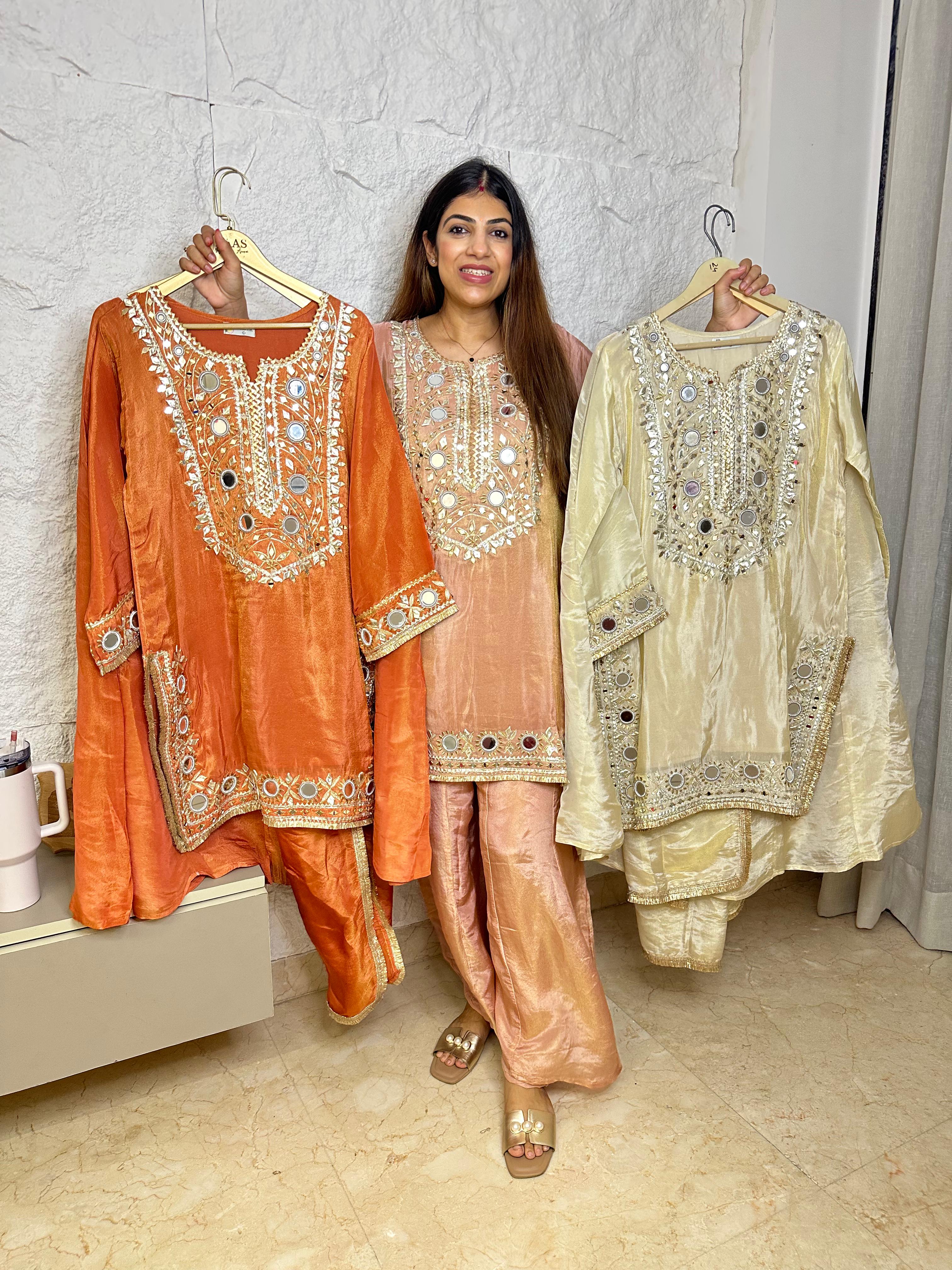 Simmar tissue partywear 3pc suit gota nd mirror work nd kali plazo