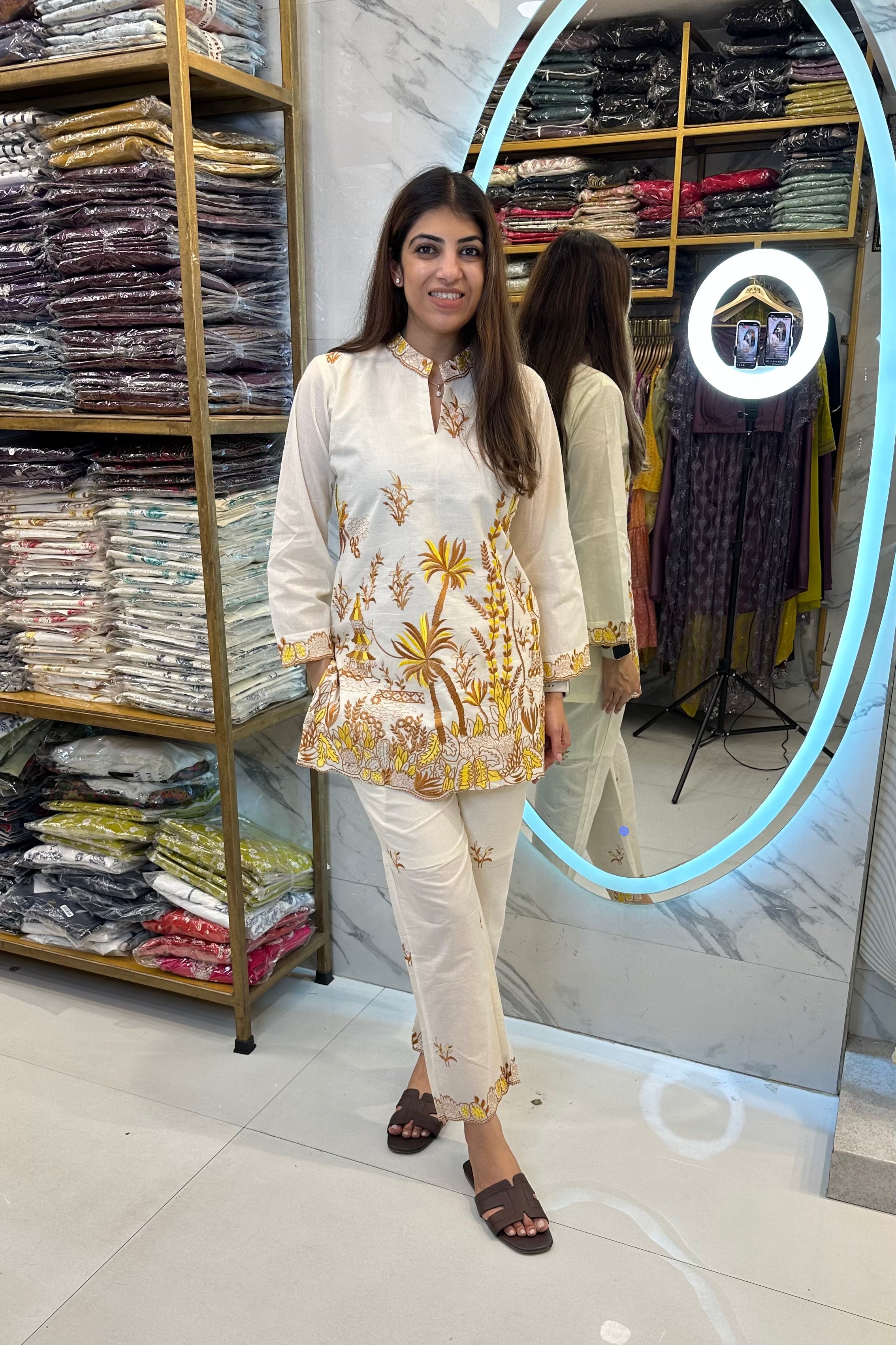 2pc Cotton-kora Co-ord Set Paired With Straight Fit Pants