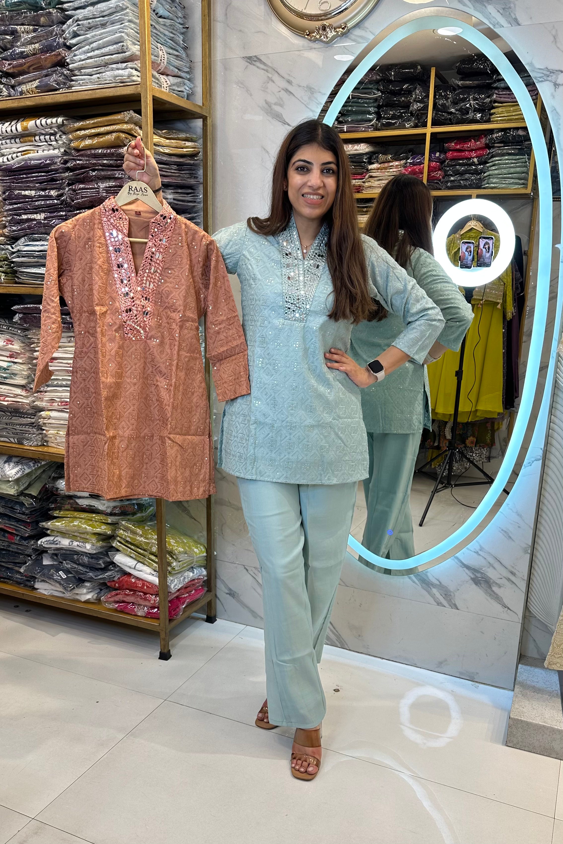 2pc Cotton-Muslin Co-ord Set Paired With Bell-bottom Pants