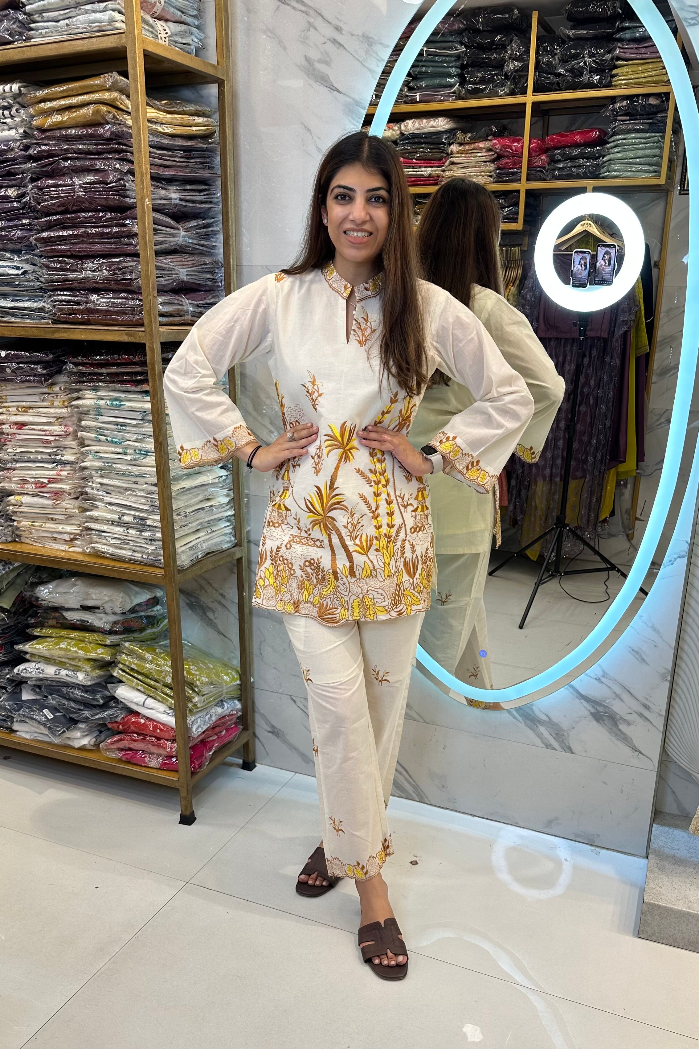 2pc Cotton-kora Co-ord Set Paired With Straight Fit Pants