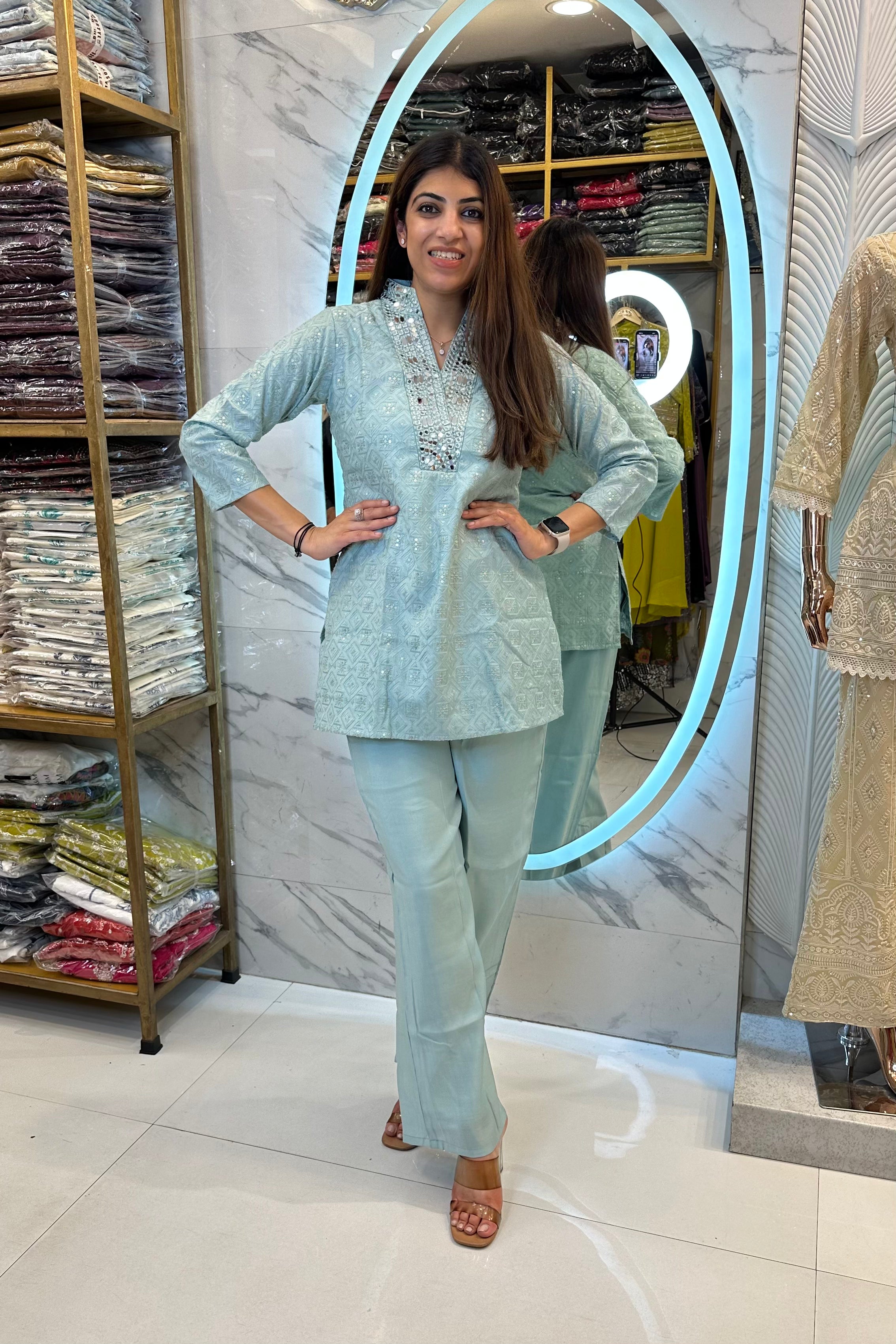 2pc Cotton-Muslin Co-ord Set Paired With Bell-bottom Pants