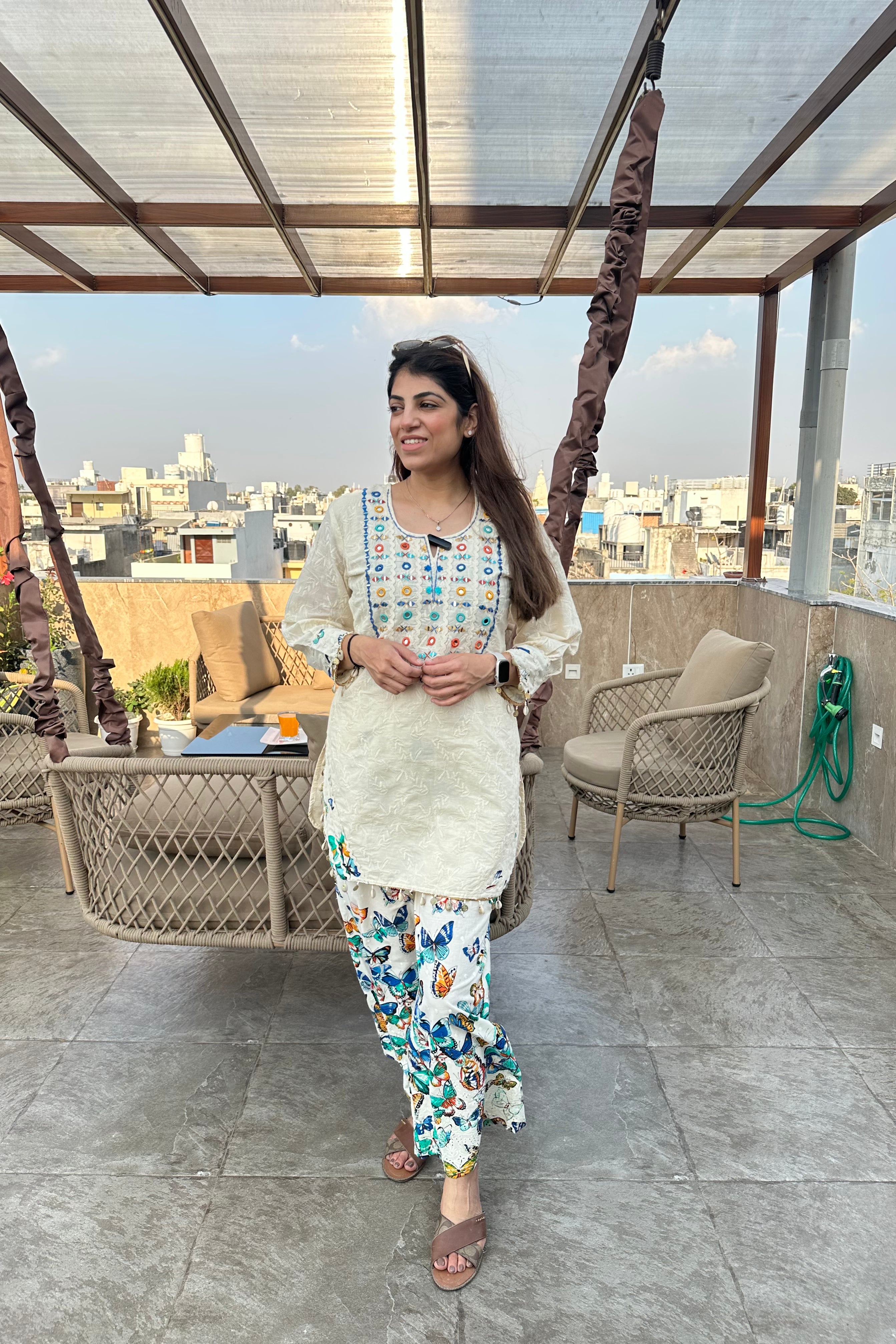 2pc Schiffli Cotton Co-ord Set Paired With Printed Plazzo