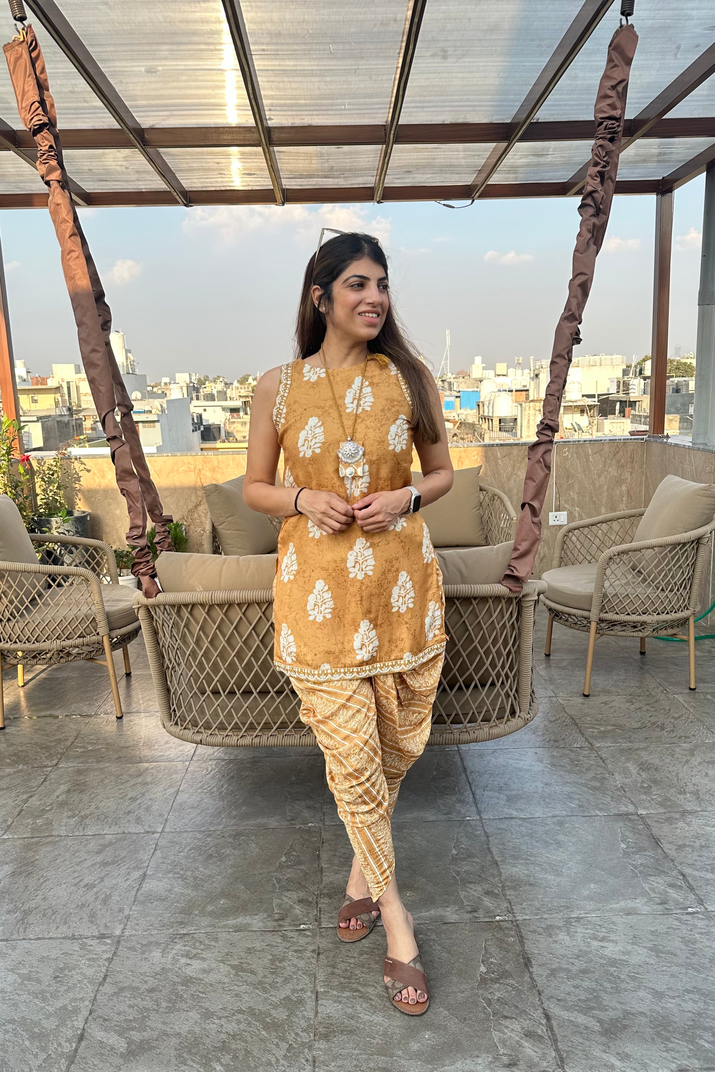 2pc Cotton-Muslin Sleeveless Co-ors Set Paired With Dhoti Pants
