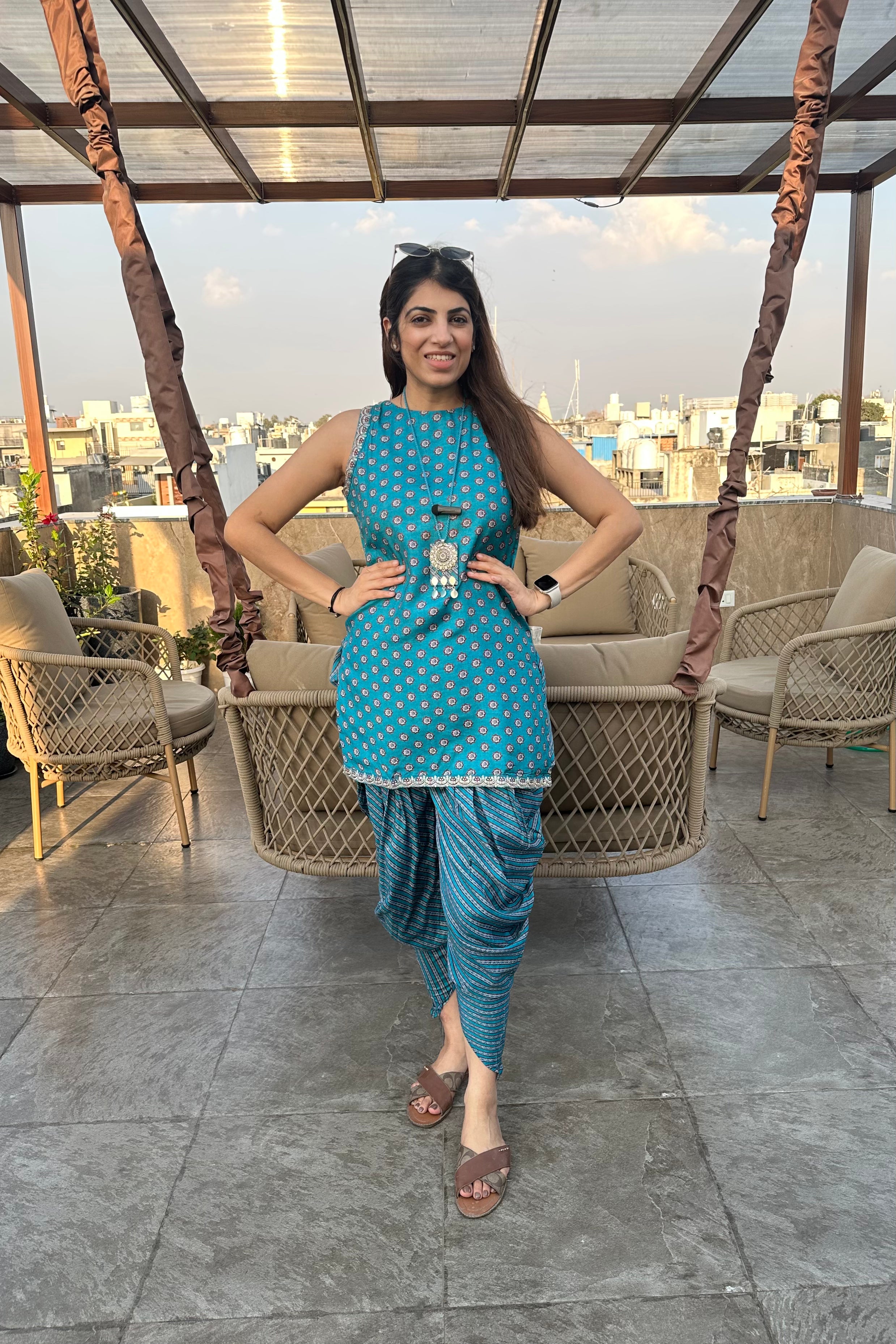 2pc Cotton-Muslin Sleeveless Co-ors Set Paired With Dhoti Pants