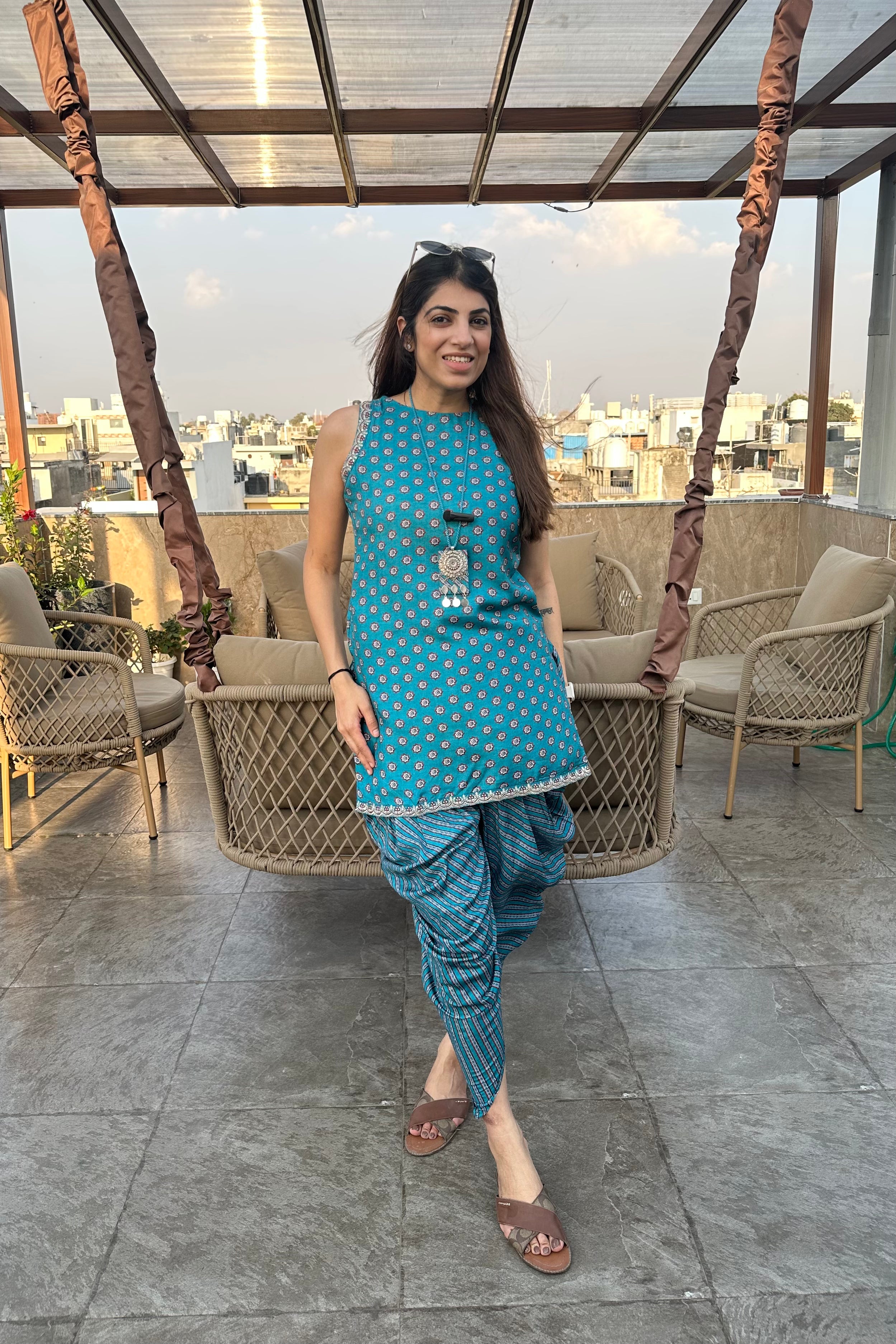 2pc Cotton-Muslin Sleeveless Co-ors Set Paired With Dhoti Pants