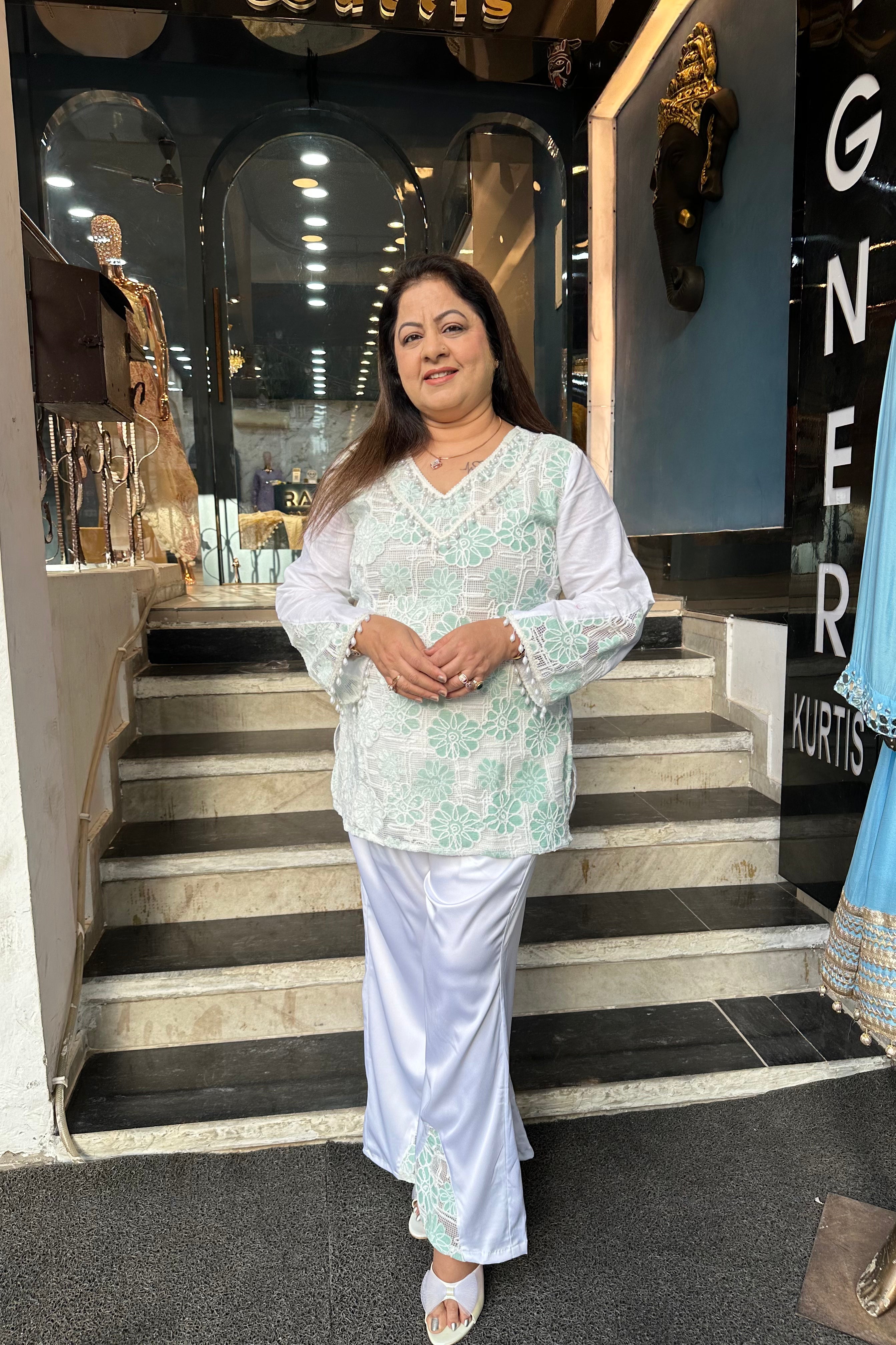 2pc Schiffli Cotton Co-ord Set Paired With Bell-bottom Pants