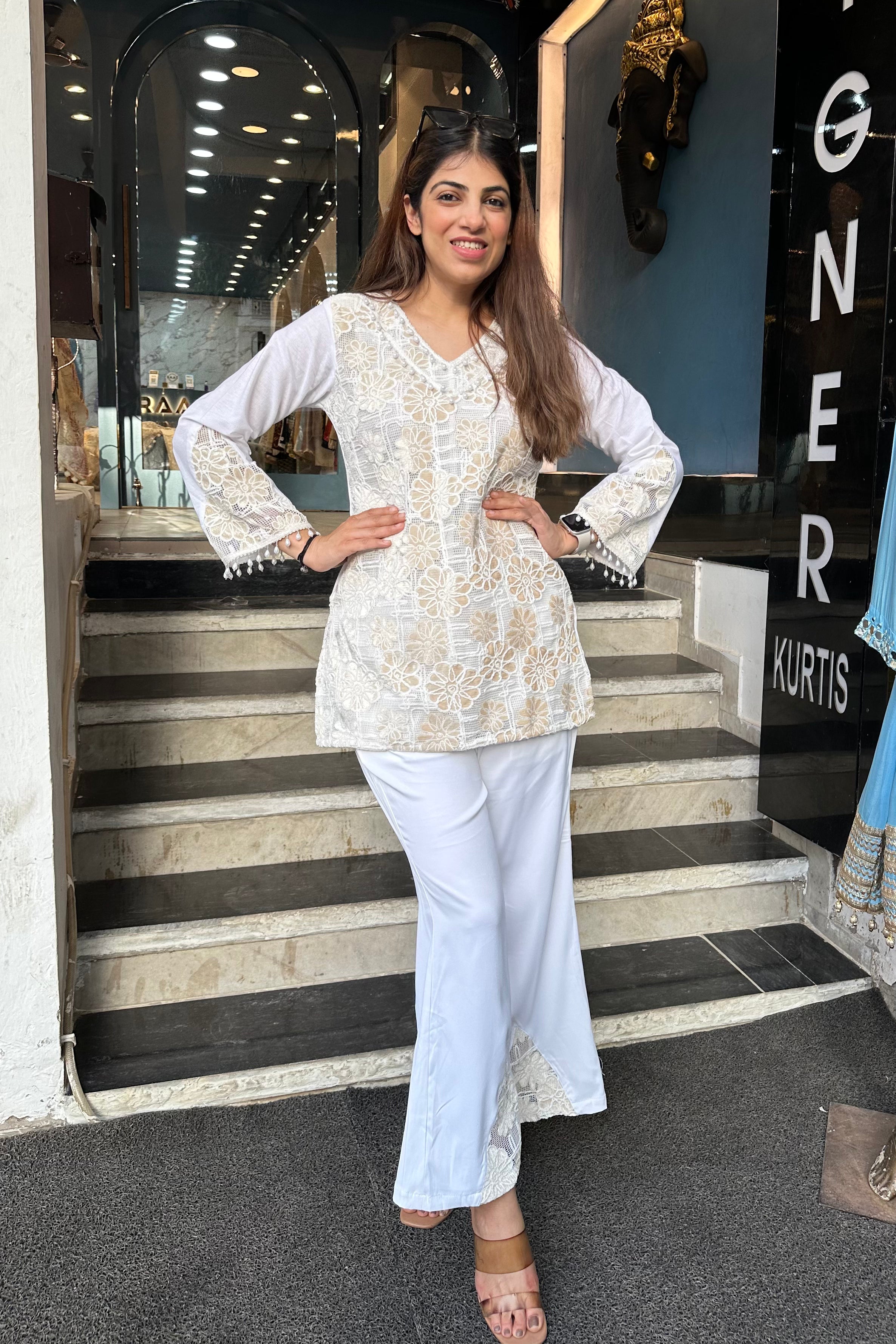 2pc Schiffli Cotton Co-ord Set Paired With Bell-bottom Pants