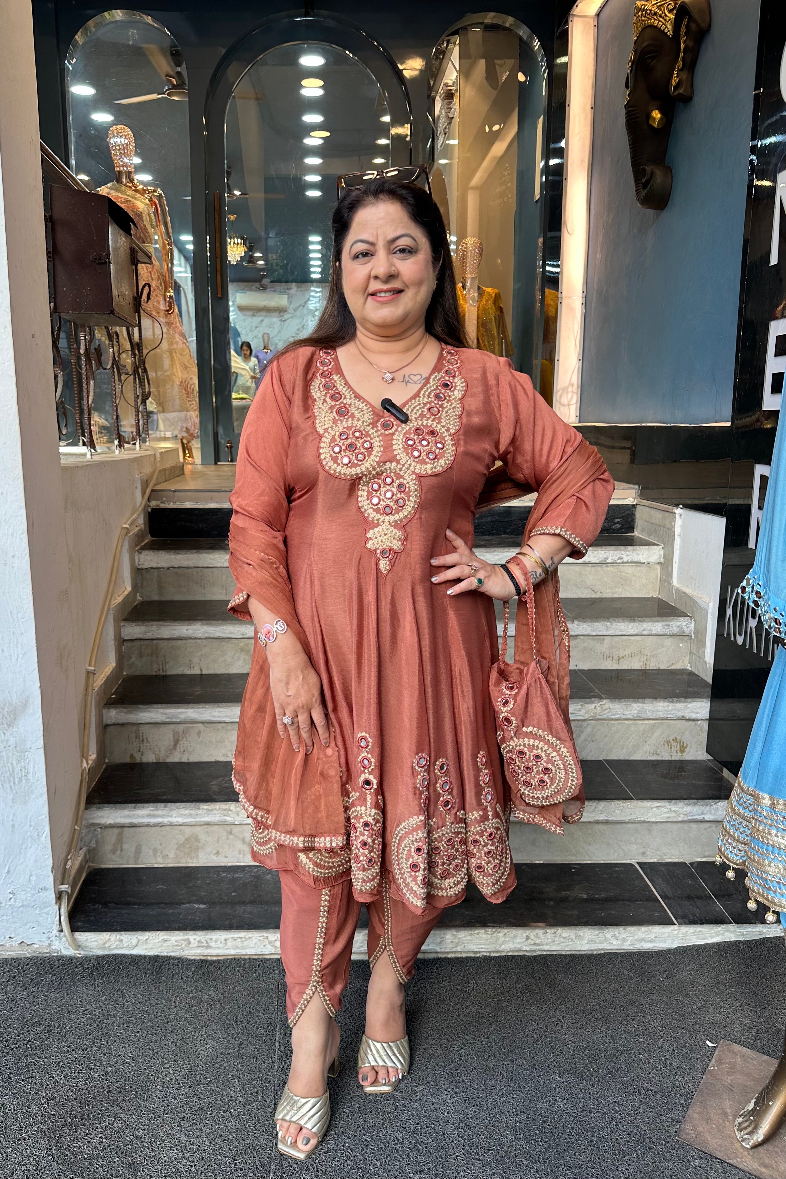 3pc Chinon Partywear Pakistani Suit Paired With Tulip Pants And Potli