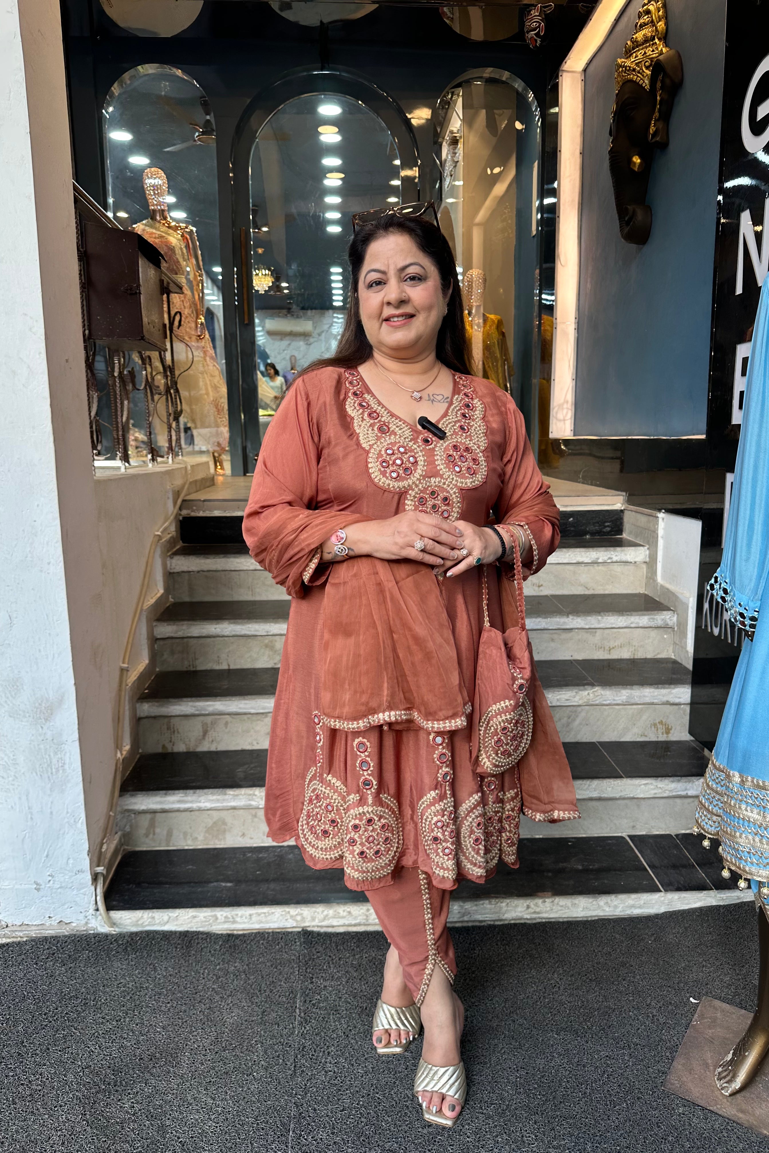 3pc Chinon Partywear Pakistani Suit Paired With Tulip Pants And Potli