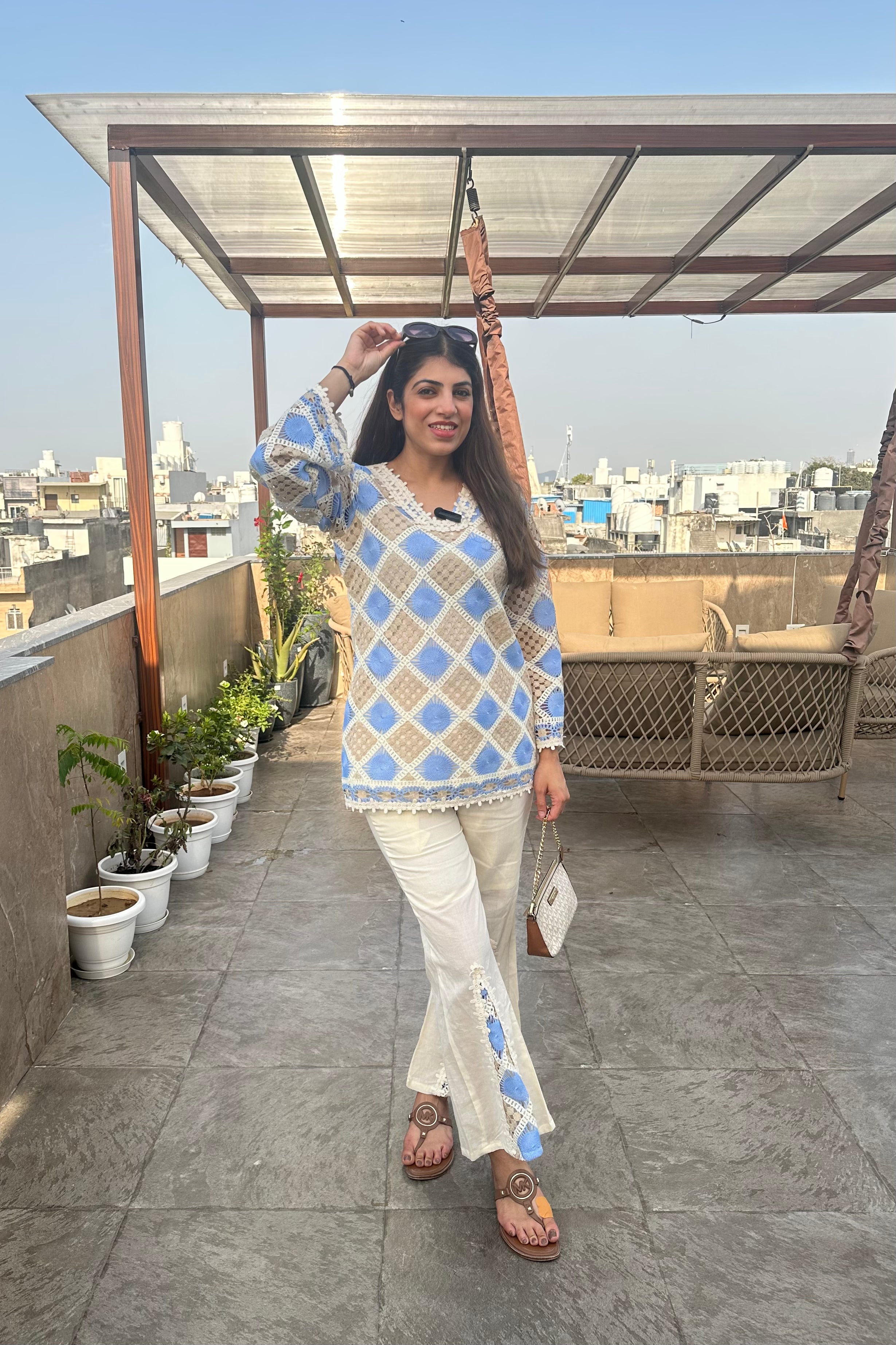2pc Cotton Crochet Co-ord Set Paired With Bell-Bottom Pants