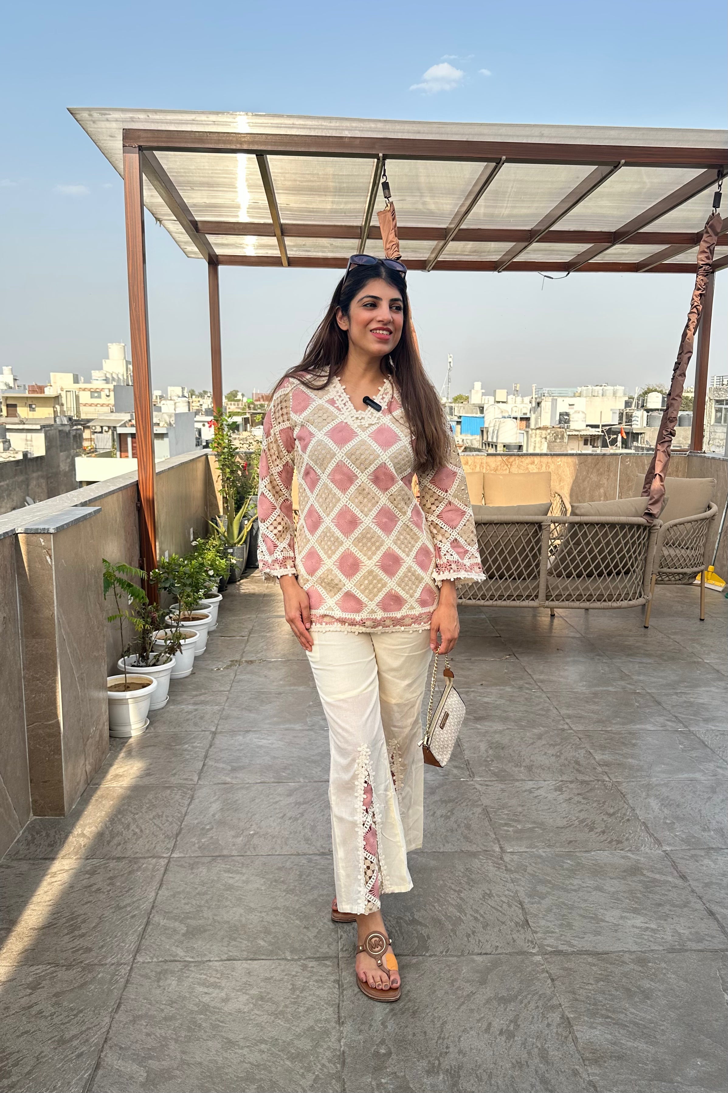 2pc Cotton Crochet Co-ord Set Paired With Bell-Bottom Pants