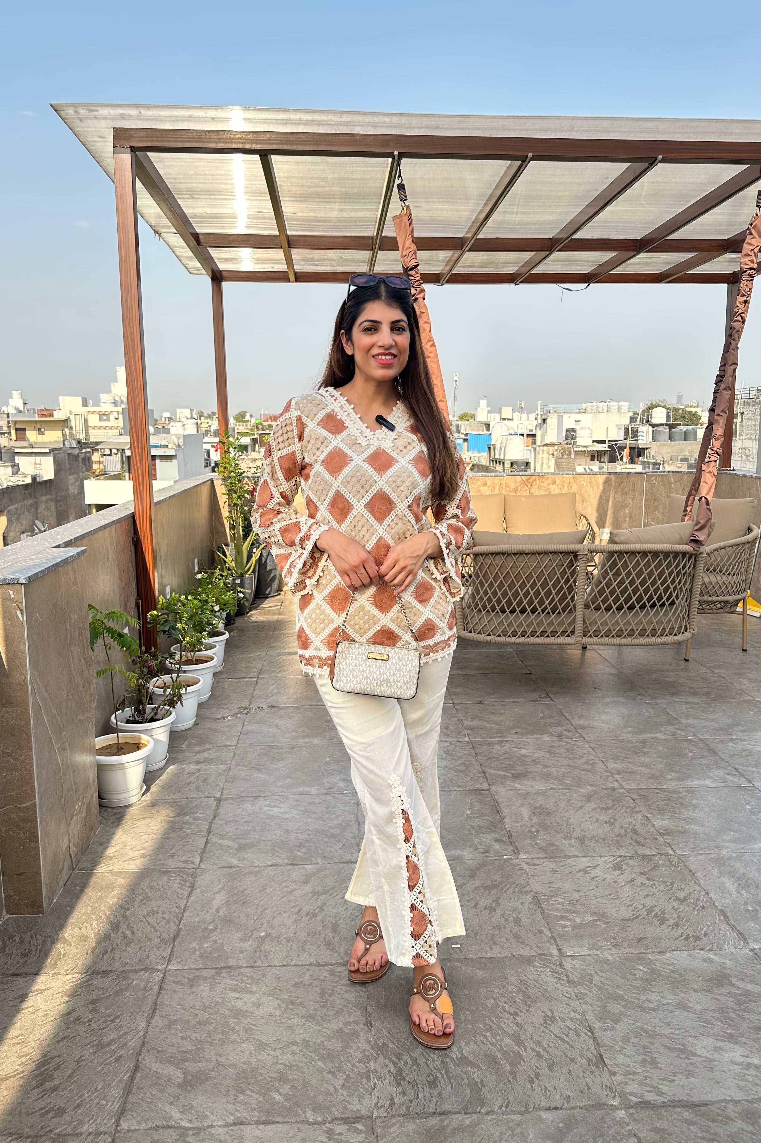 2pc Cotton Crochet Co-ord Set Paired With Bell-Bottom Pants