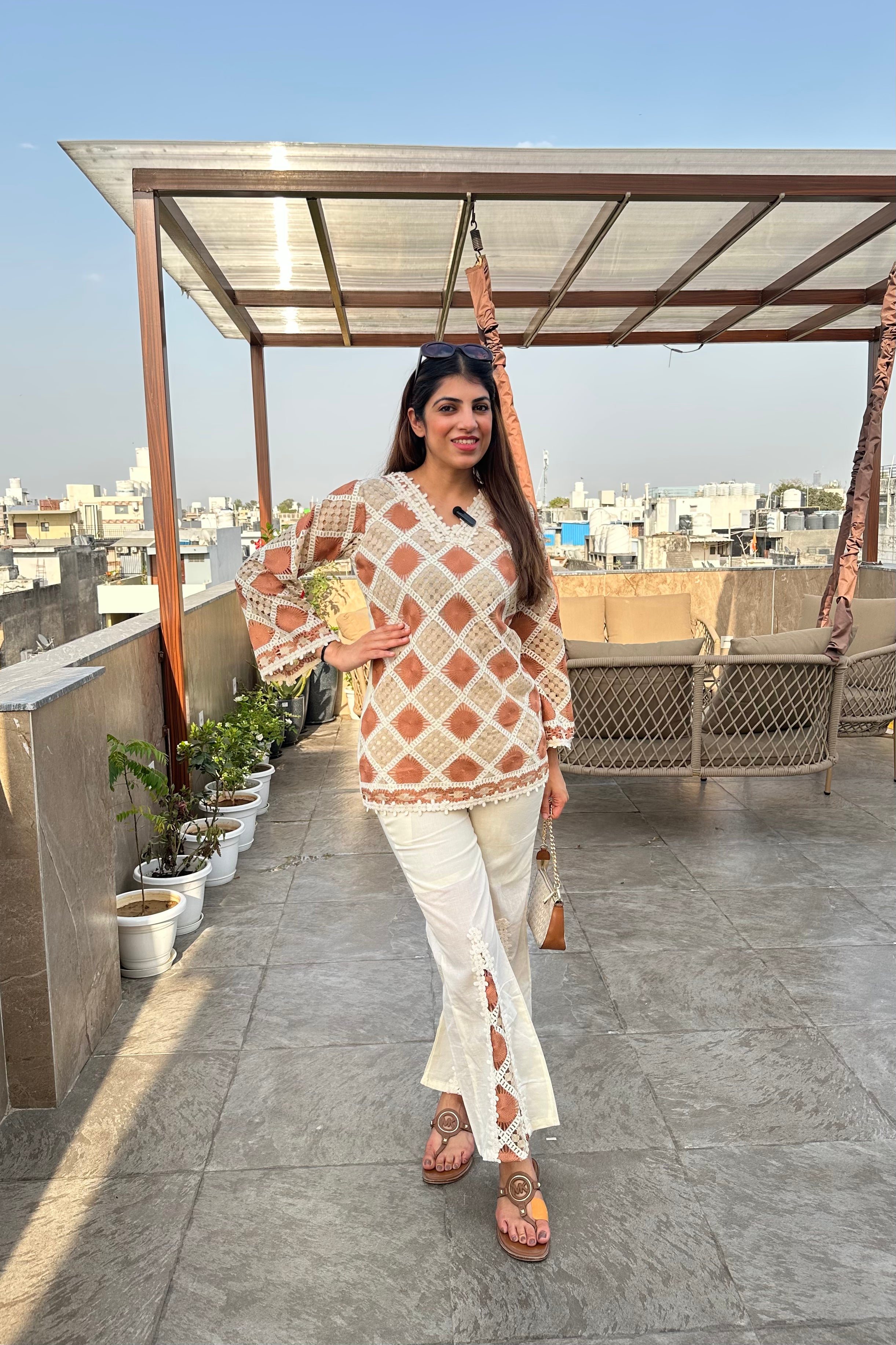 2pc Cotton Crochet Co-ord Set Paired With Bell-Bottom Pants