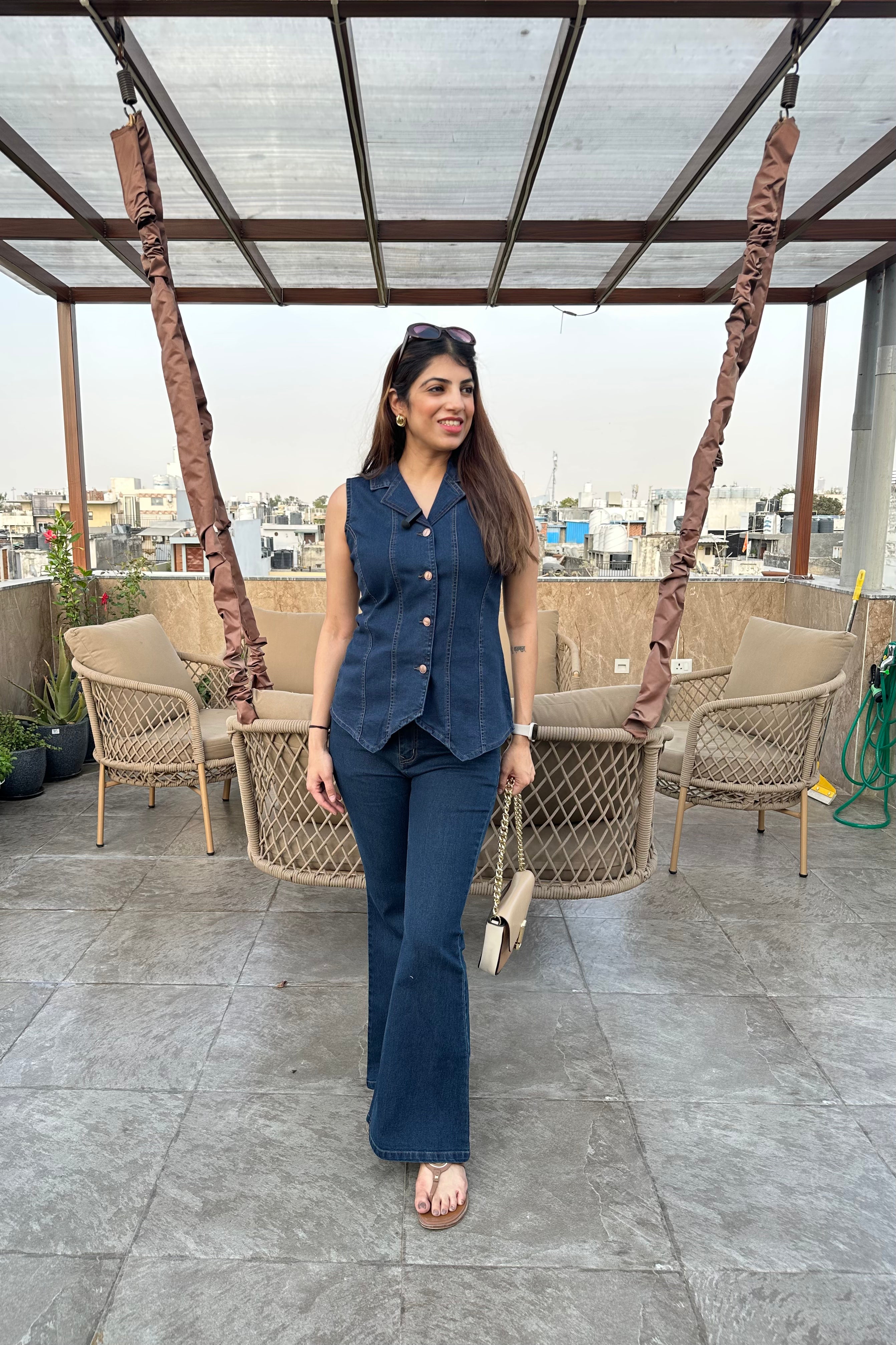 2pc Sleeveless Denim Co-ord Set Paired With Bell-bottom Pants
