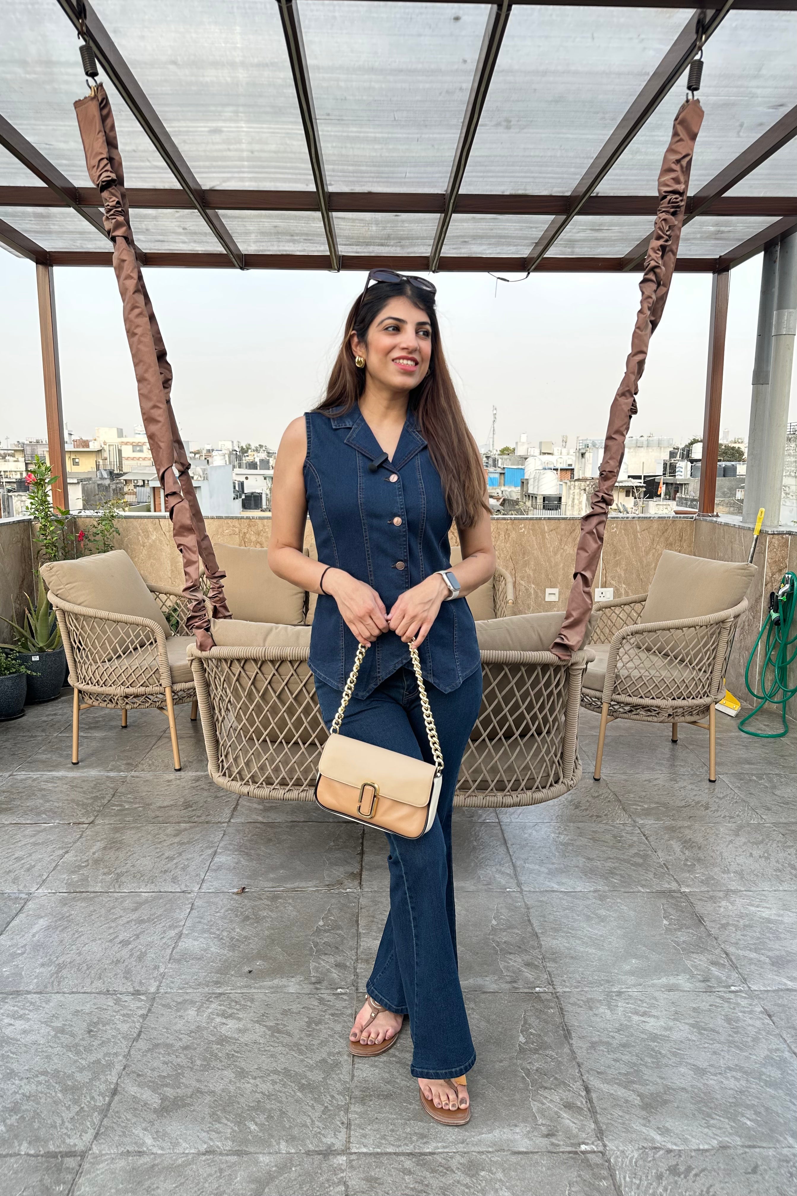 2pc Sleeveless Denim Co-ord Set Paired With Bell-bottom Pants