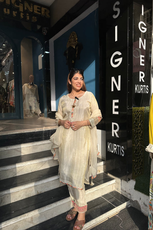 3pc Shimmer-Chanderi Partywear Suit With Organza Dupatta