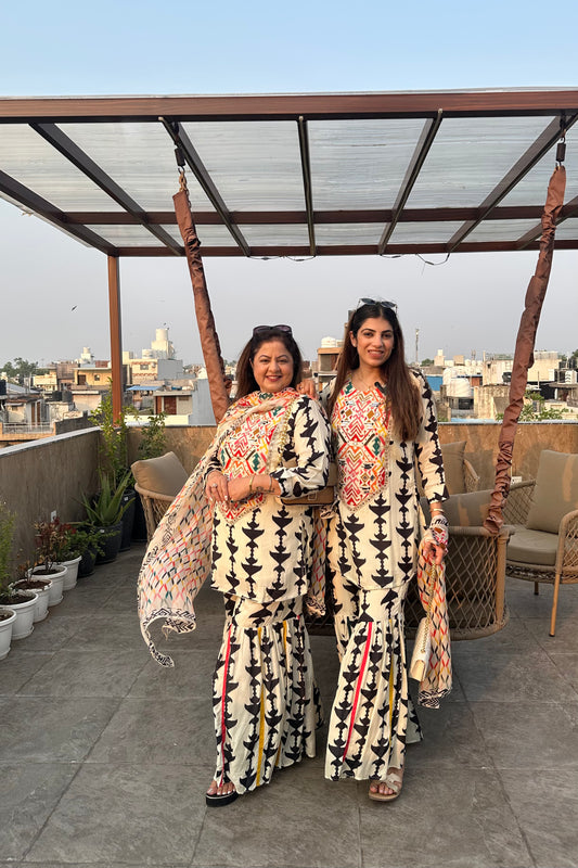 3pc Cotton-Muslin Printed Sharara Set With Printed Dupatta