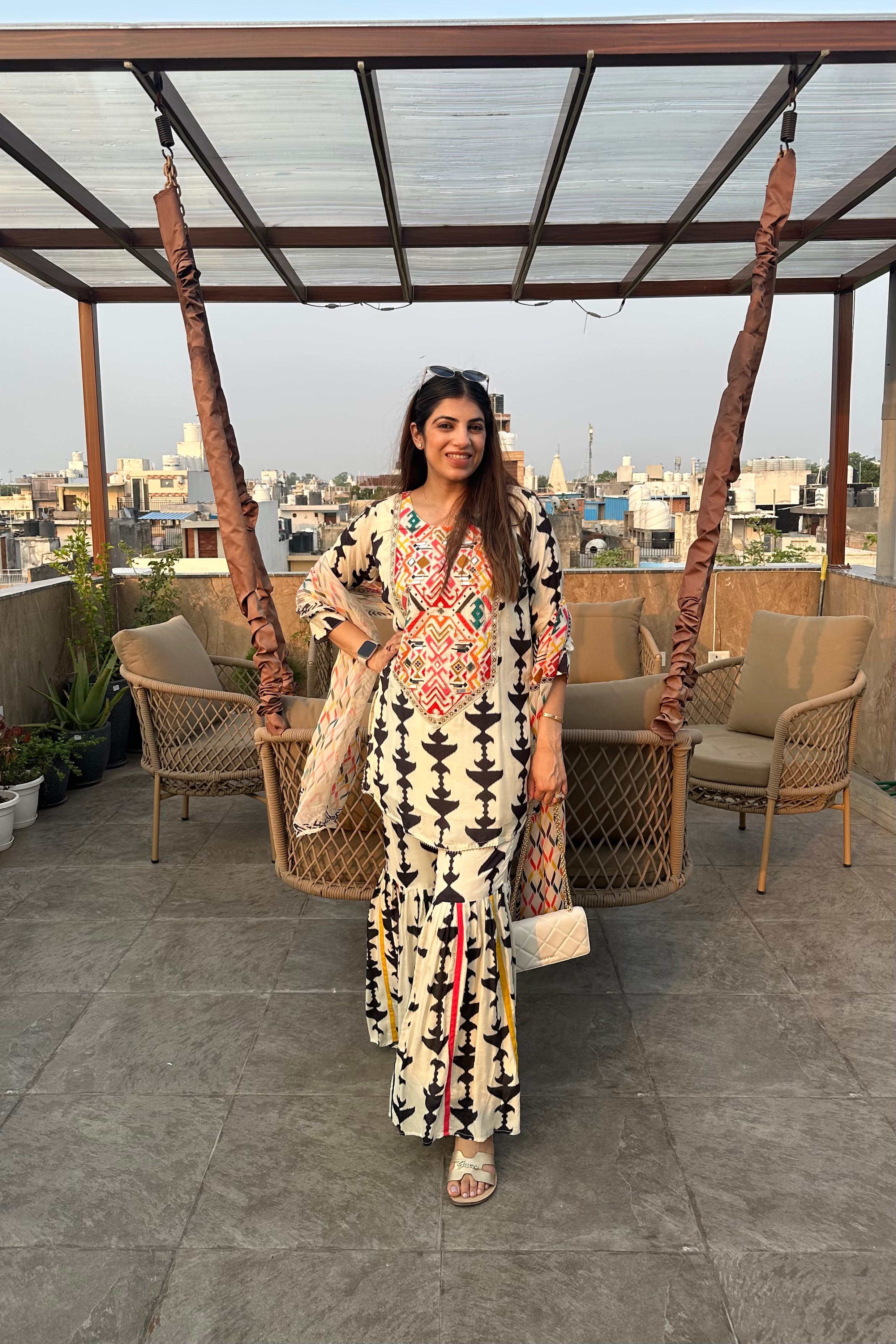 3pc Cotton-Muslin Printed Sharara Set With Printed Dupatta