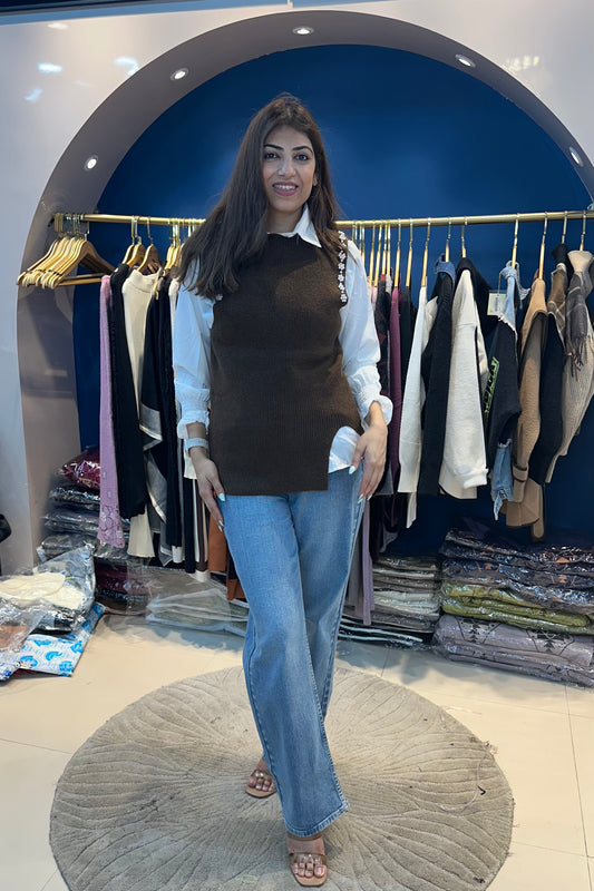 White Shirt With Sweater And Belt