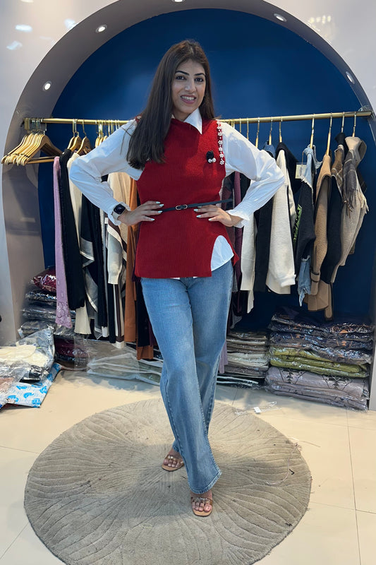 White Shirt With Sweater And Belt