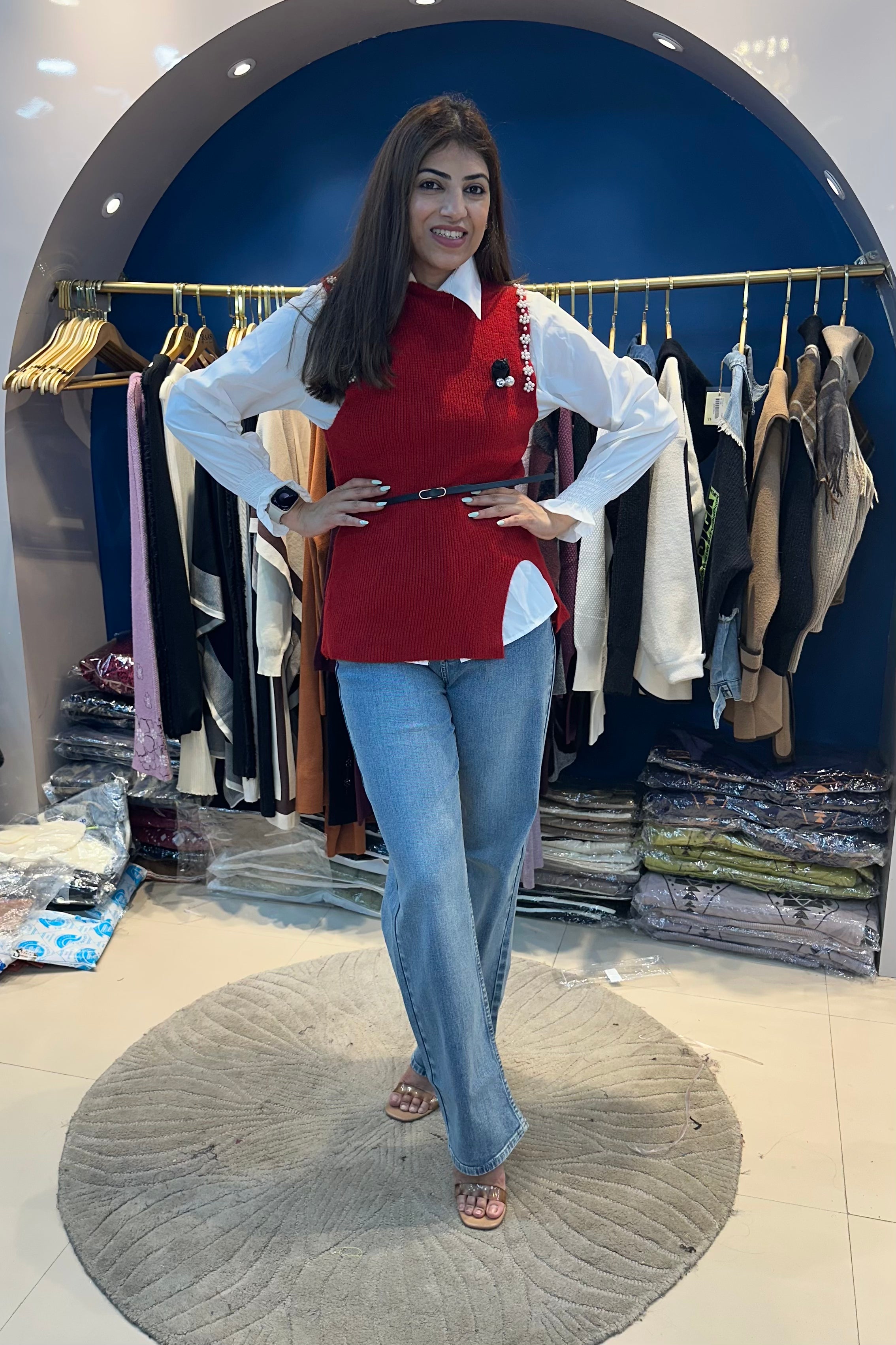 White Shirt With Sweater And Belt