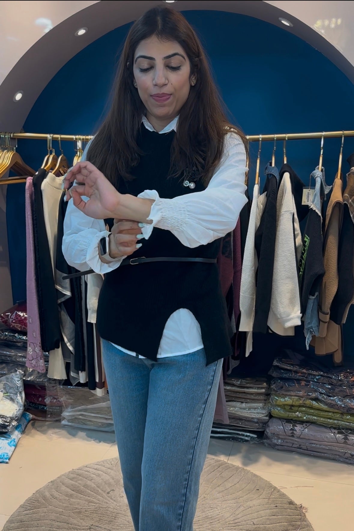 White Shirt With Sweater And Belt