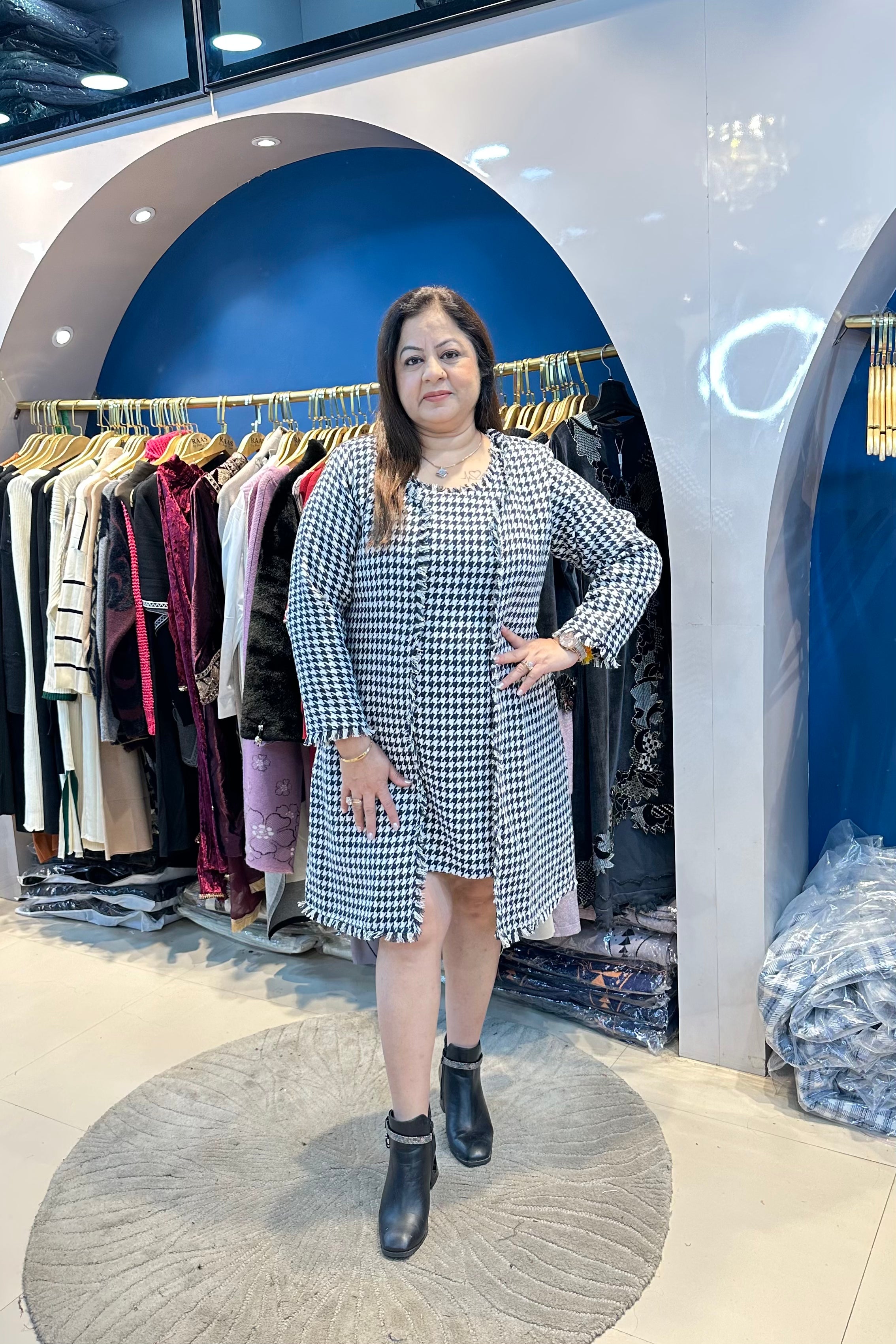 Woolen One Piece Dress With Coat And Belt