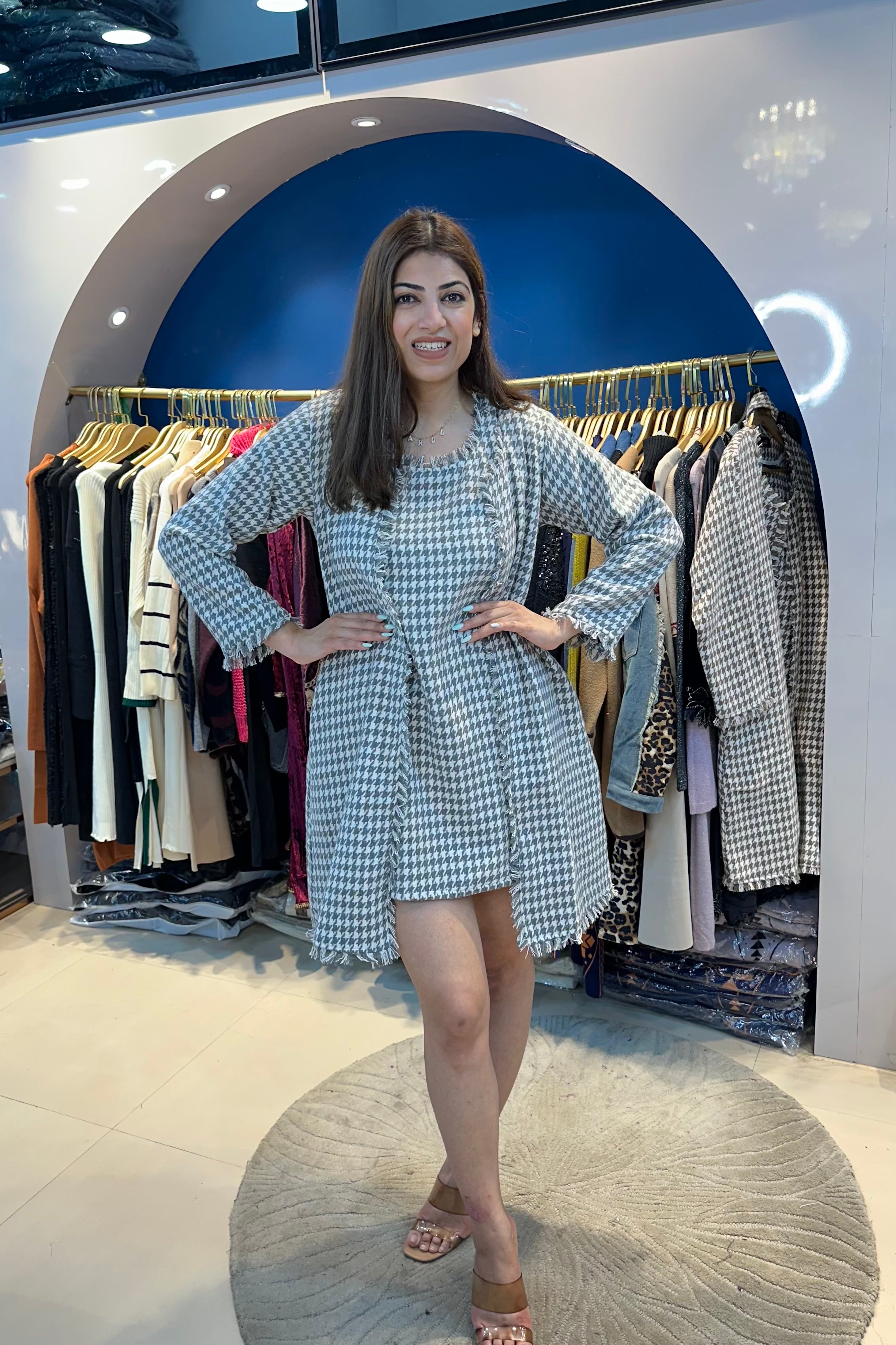 Woolen One Piece Dress With Coat And Belt