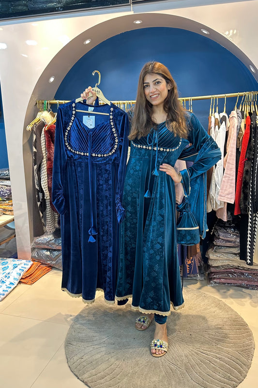 3pc Velvet Anarkali Suit With Potli
