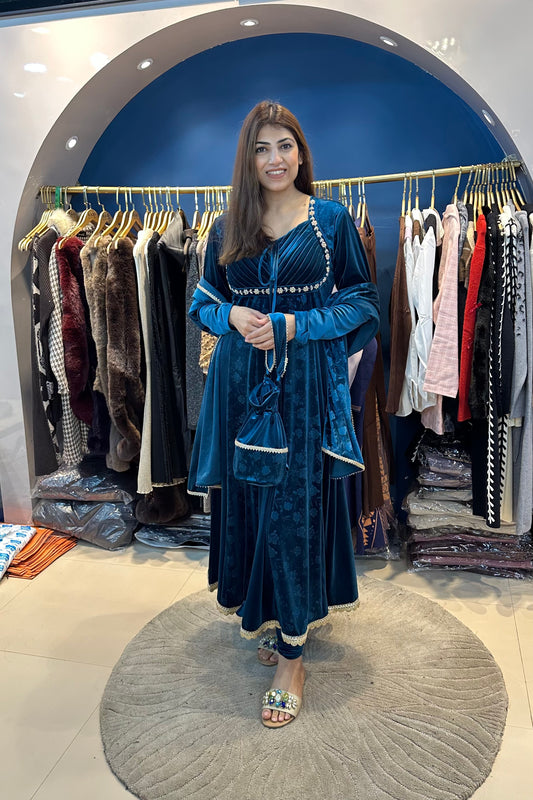 3pc Velvet Anarkali Suit With Potli
