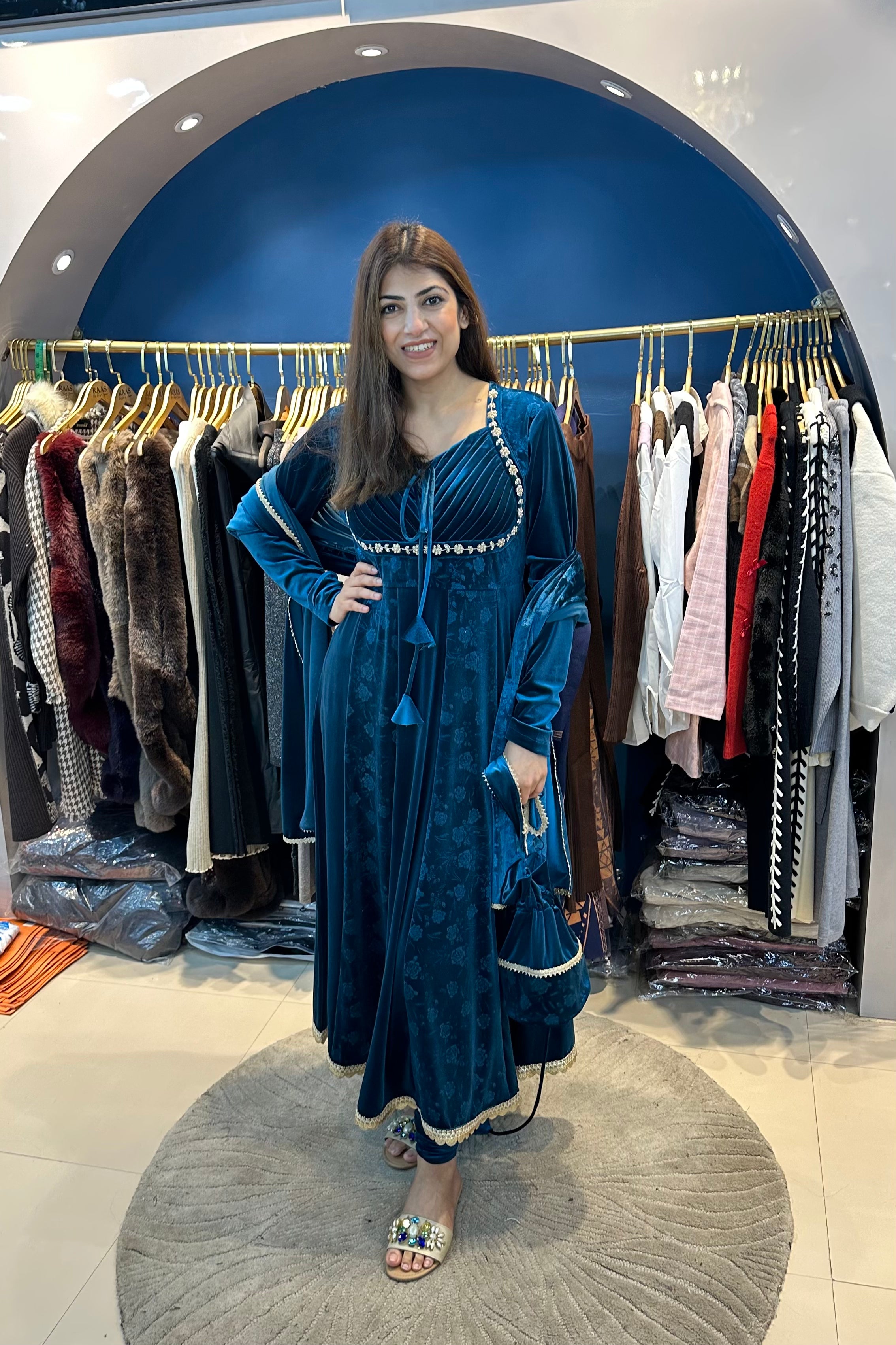 3pc Velvet Anarkali Suit With Potli