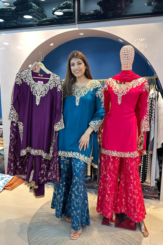 3pc Crepe Partywear Sharara Suit
