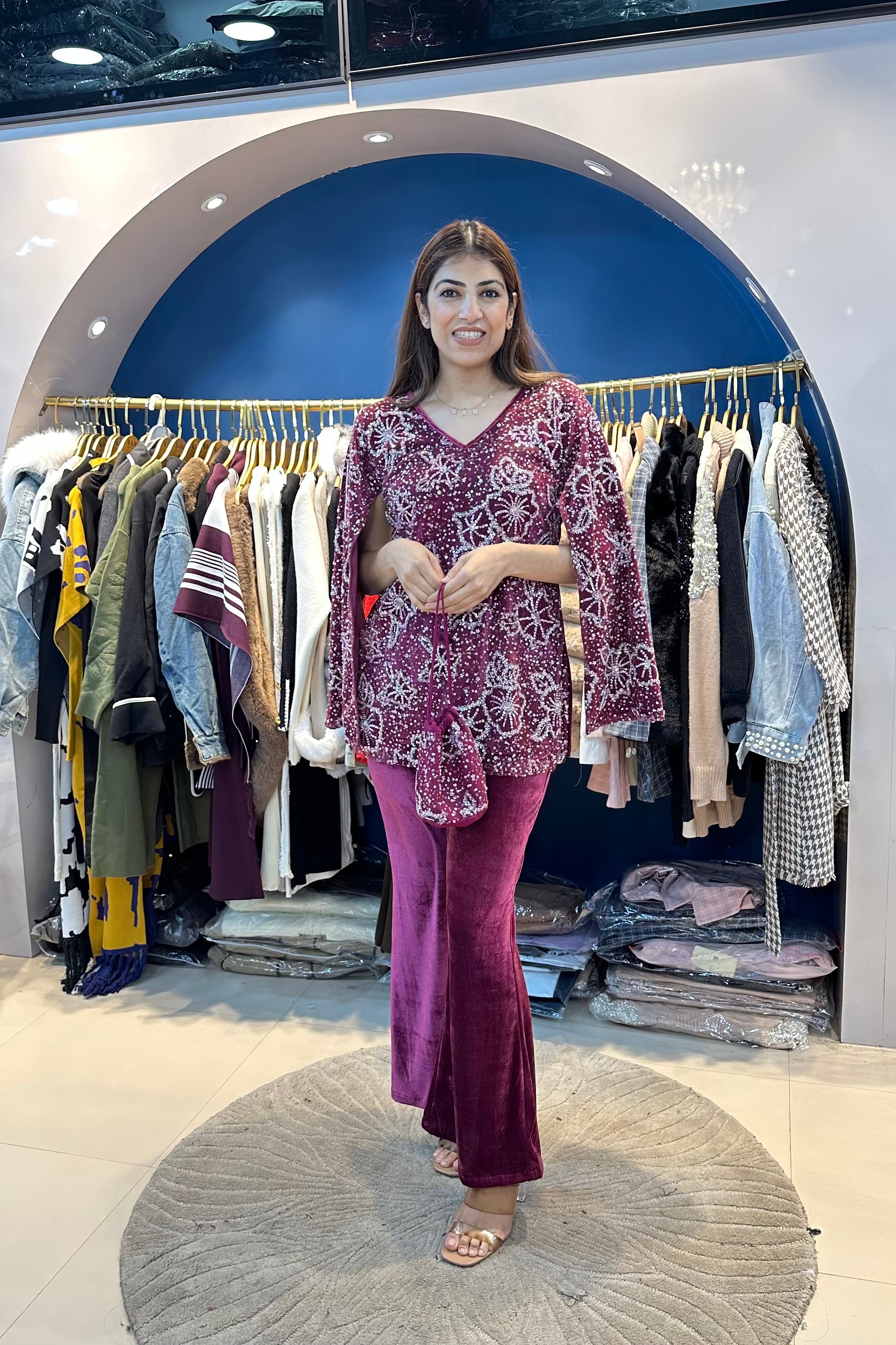 2pc Velvet  Partywear Co-ord Set With Potli